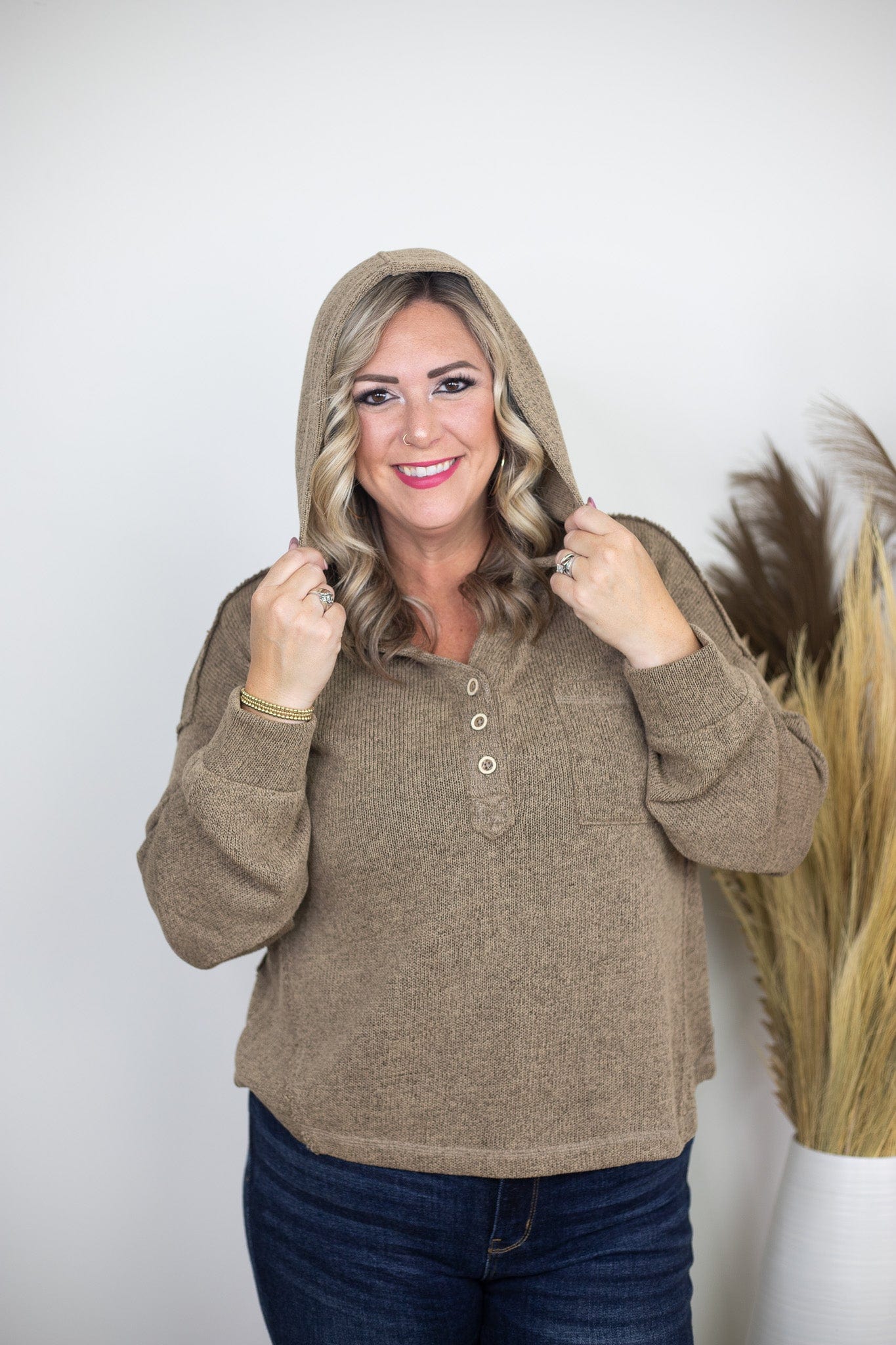 Mocha Hooded Oversized Knit Henley Top