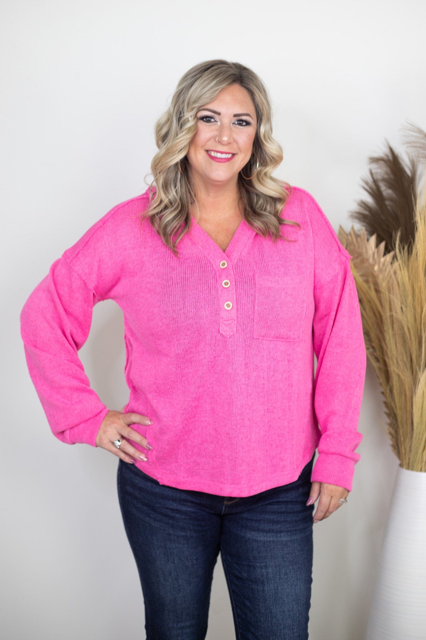 Pink Hooded Oversized Knit Henley Top