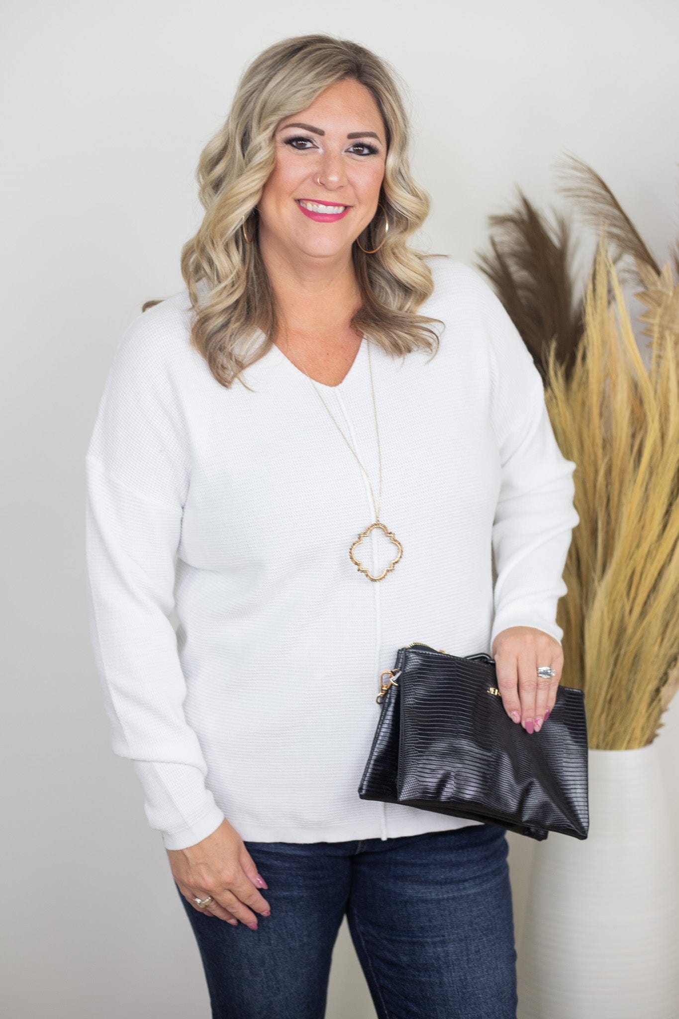 Ivory Mini Waffle Center Seam Pullover
