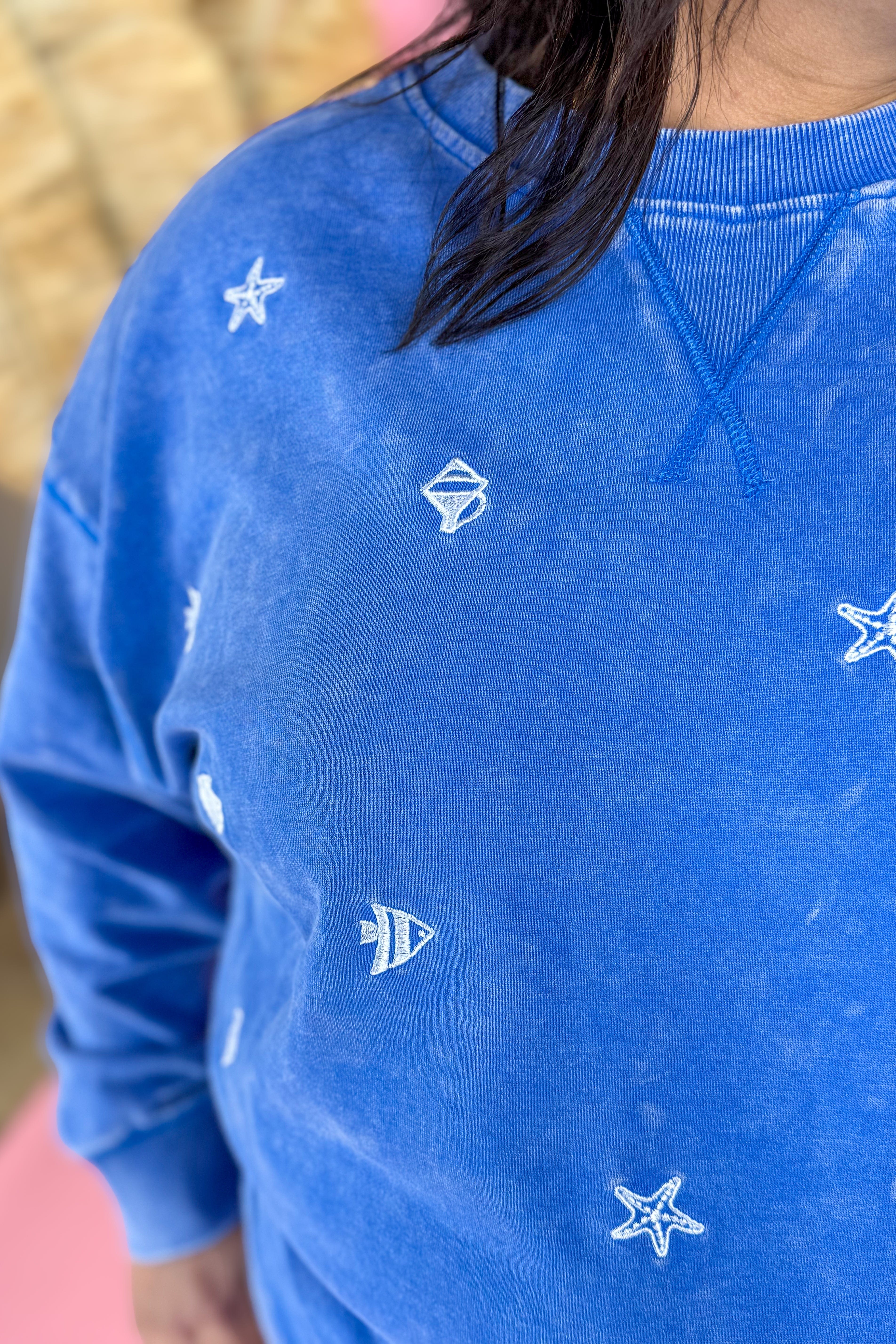Wash Blue Ocean Embroidered Pullover Detailed