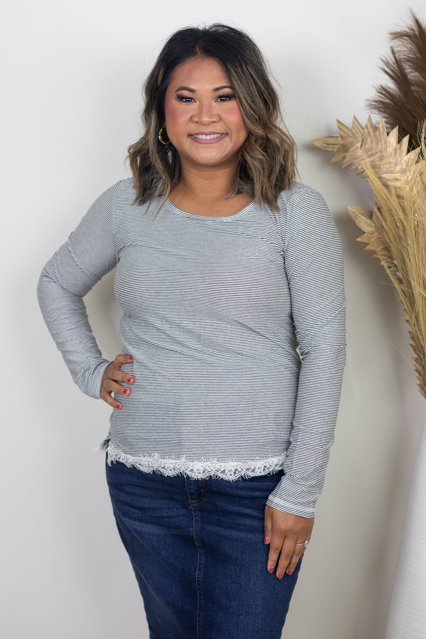 White & Charcoal Hacci Longsleeve Top