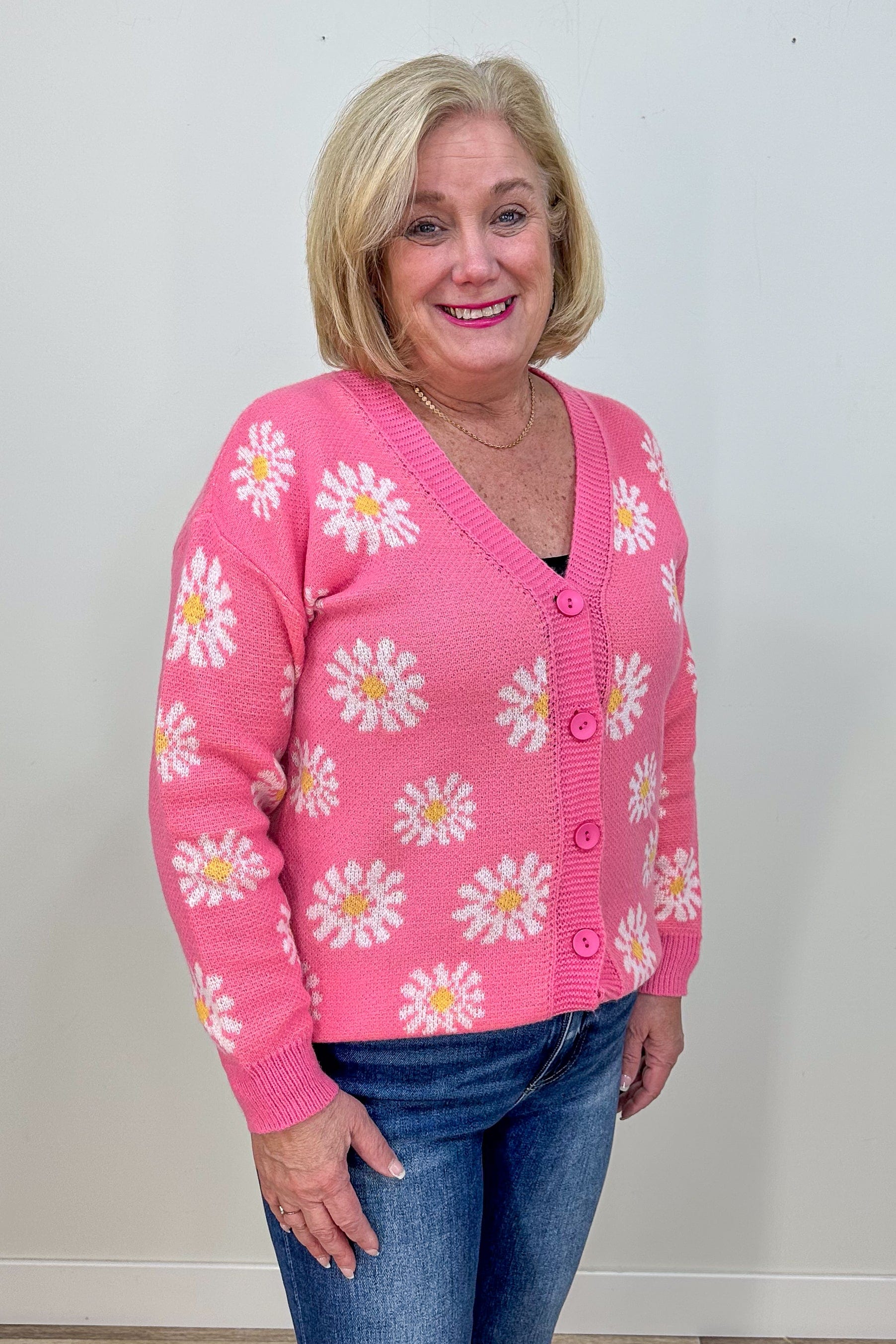 Hot Pink Floral Button Cardigan