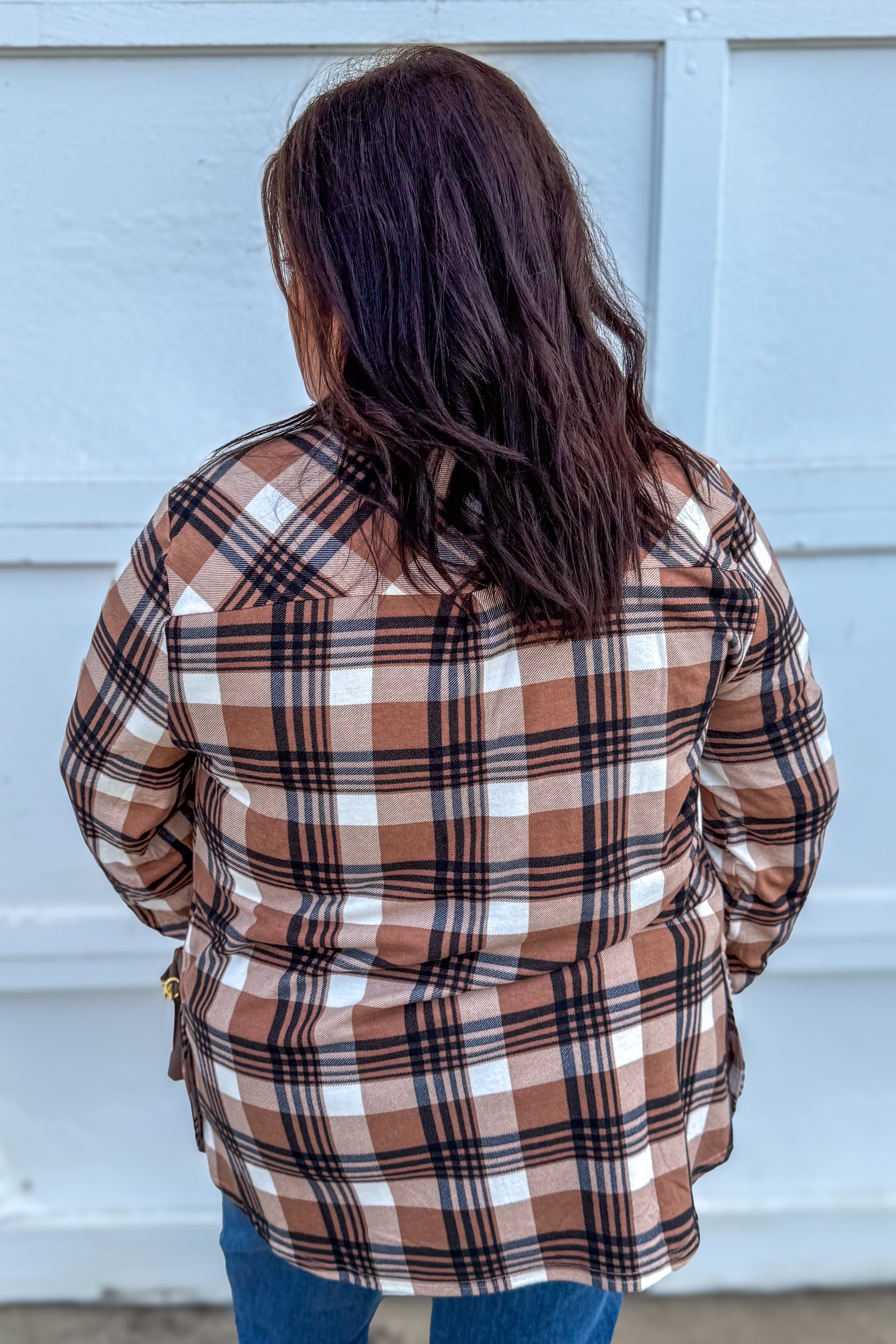 Taupe & Black Side Vent with Buttons Plaid Flannel back