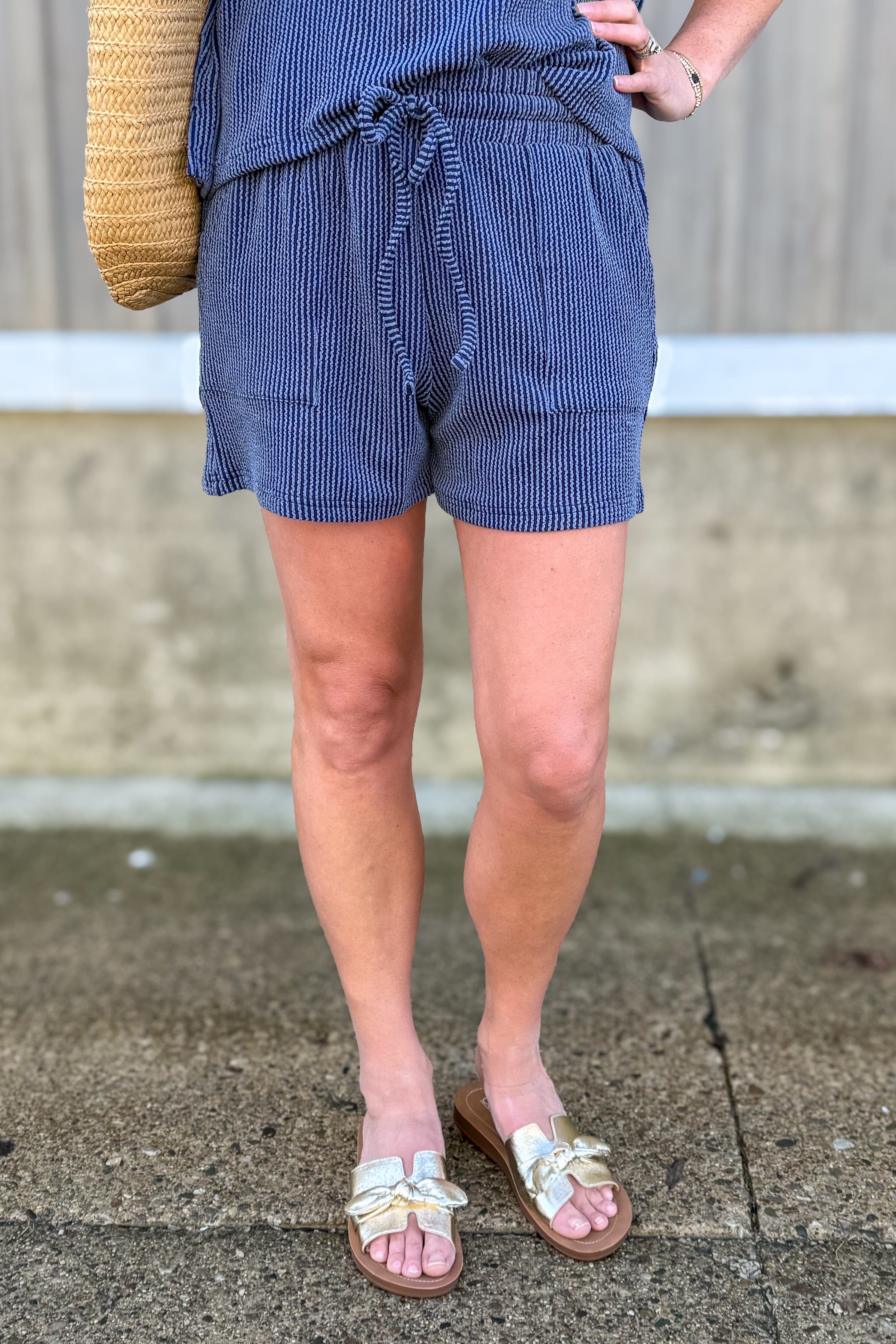 Navy Corded Shorts Set Detailed