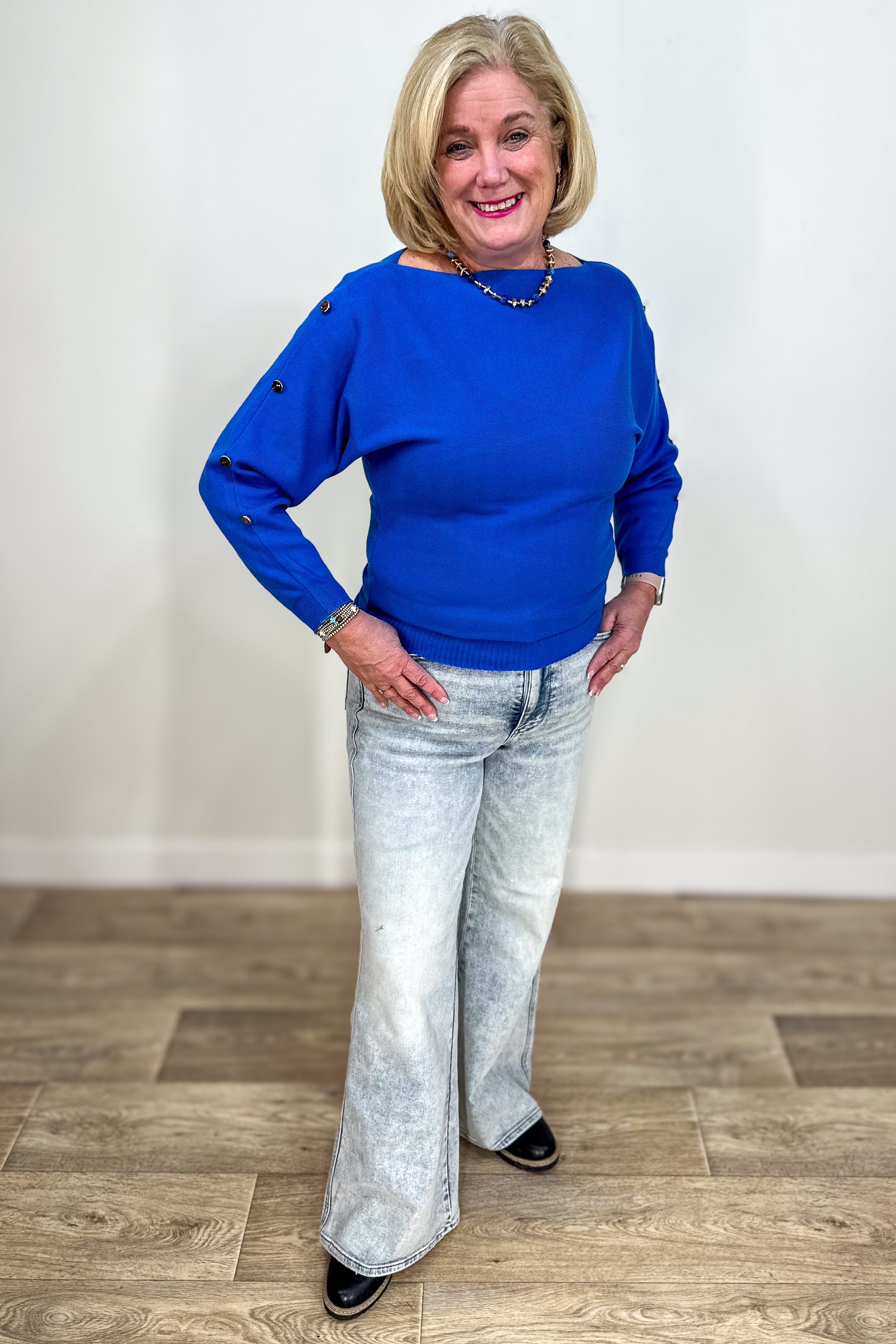 Royal Blue Ribbed Button Dolman Sweater styled