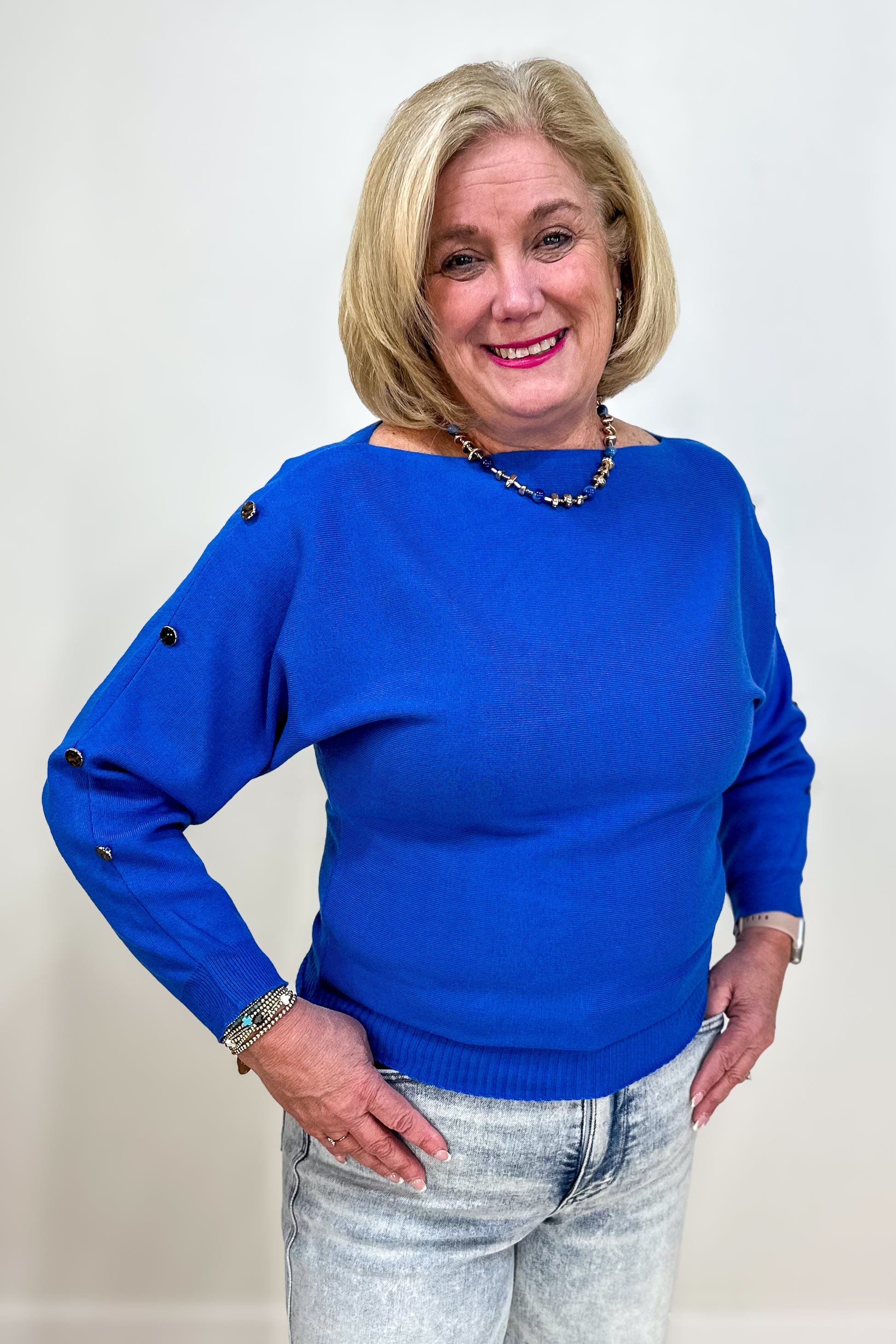 Royal Blue Ribbed Button Dolman Sweater