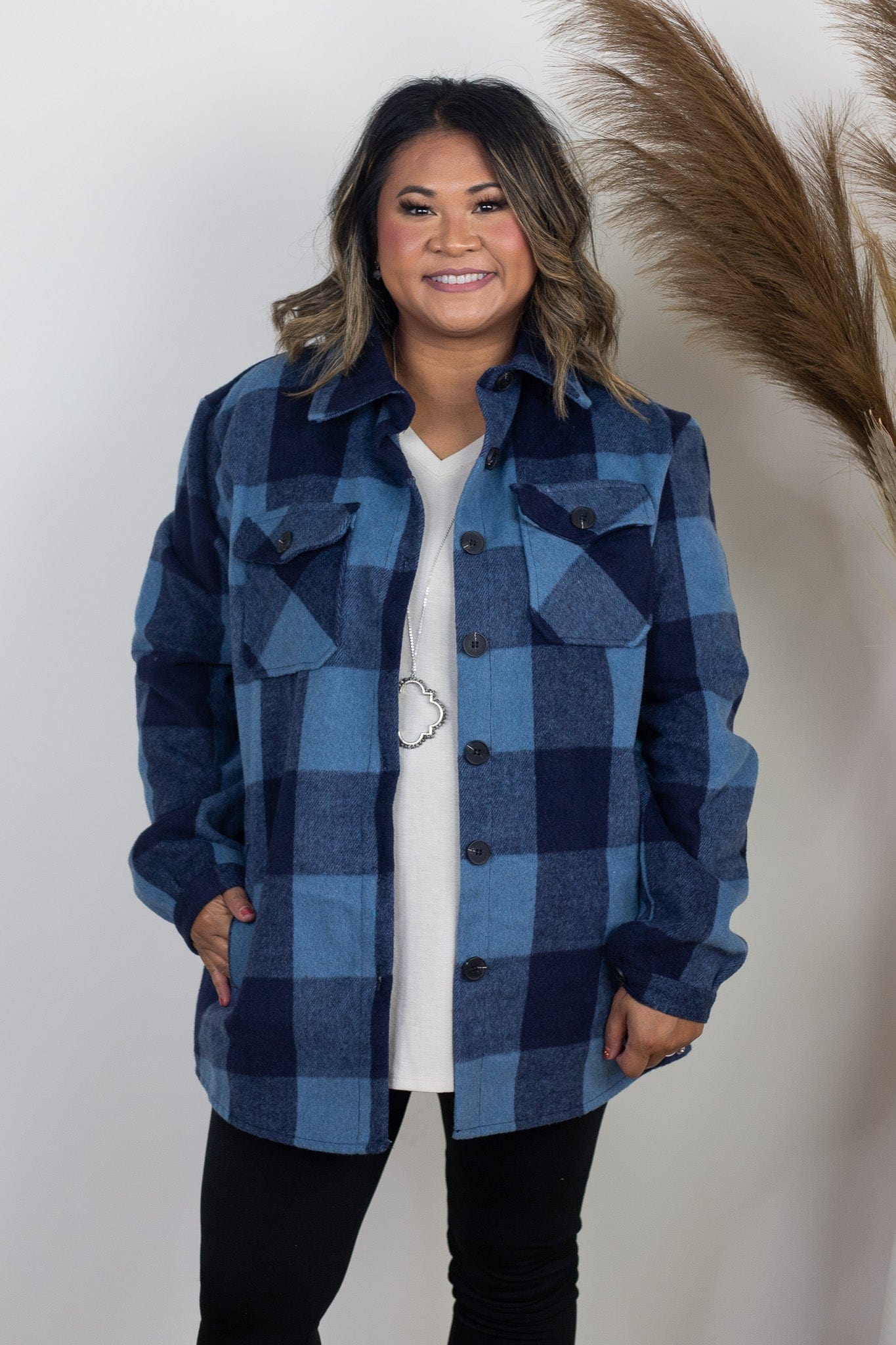 French Blue Check Plaid Shacket