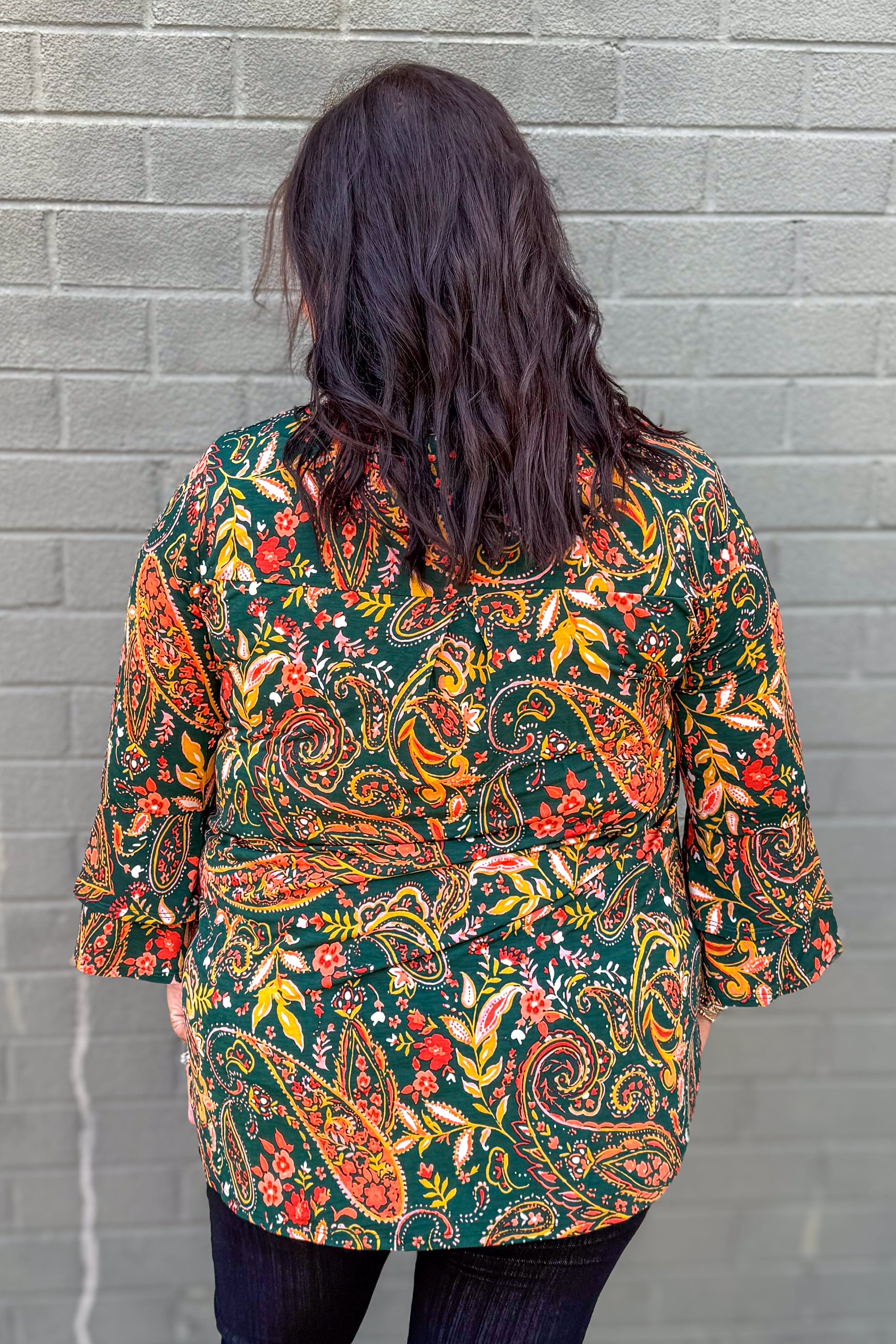 Hunter Green Paisley Bell Sleeve Lizzy Top back
