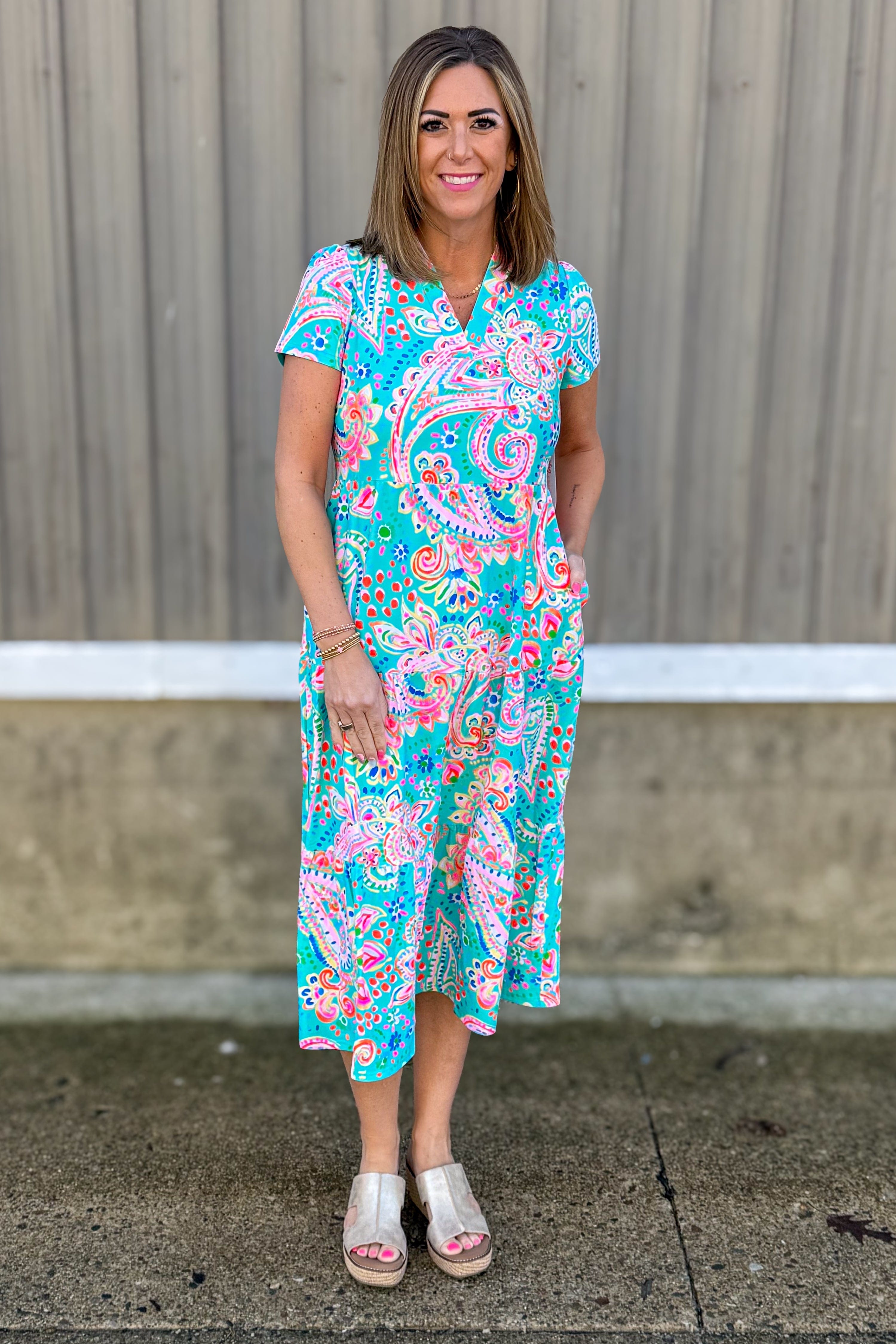 Mint Paisley Gail Tiered Midi Dress Styled