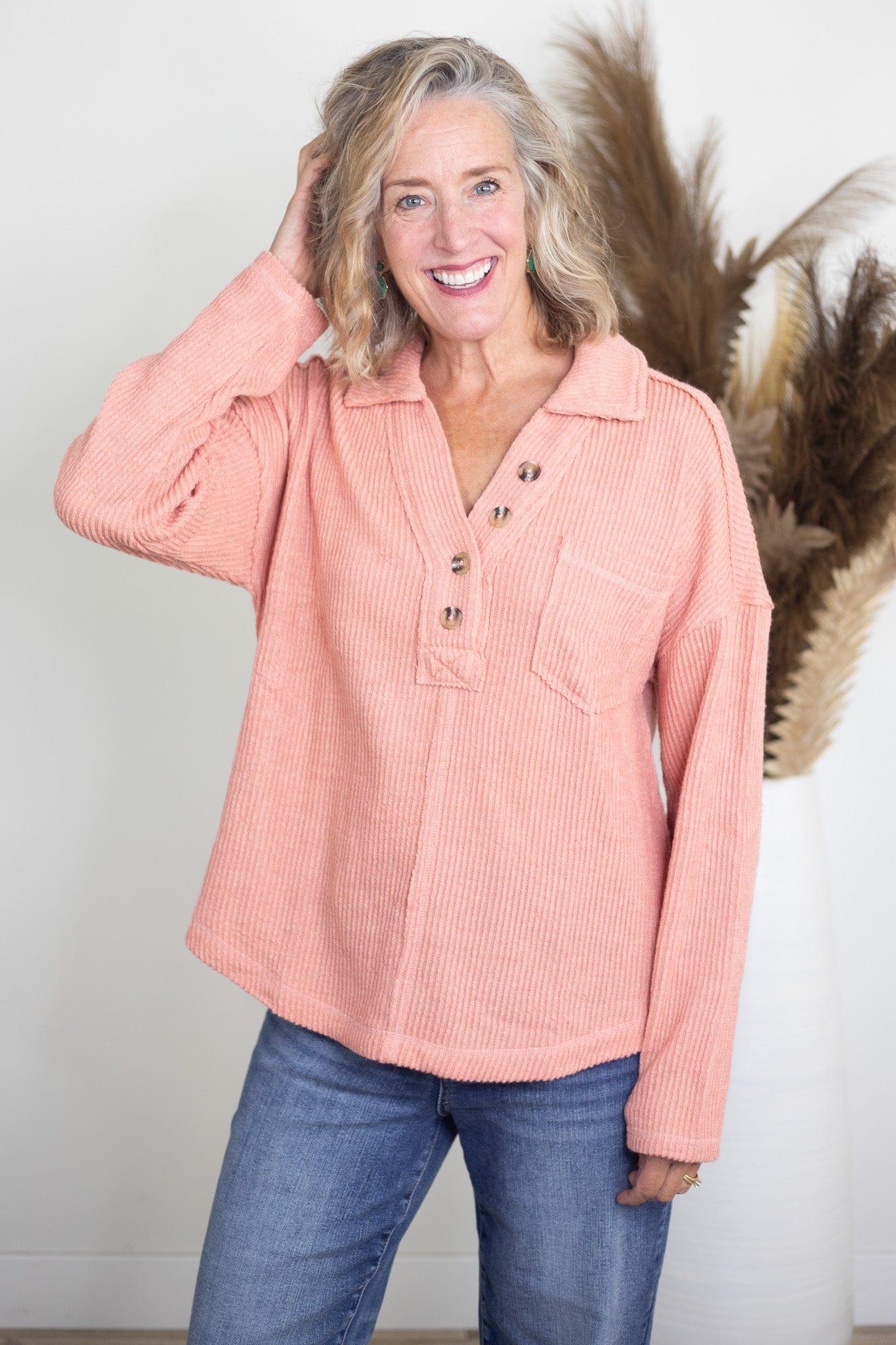 Salmon Ribbed VNeck Longsleeve