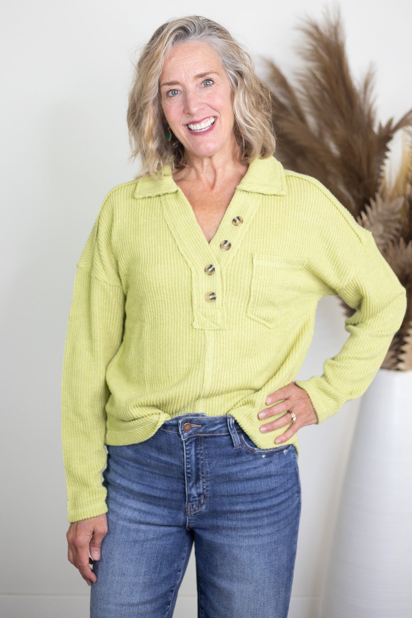 Lime Ribbed VNeck Longsleeve