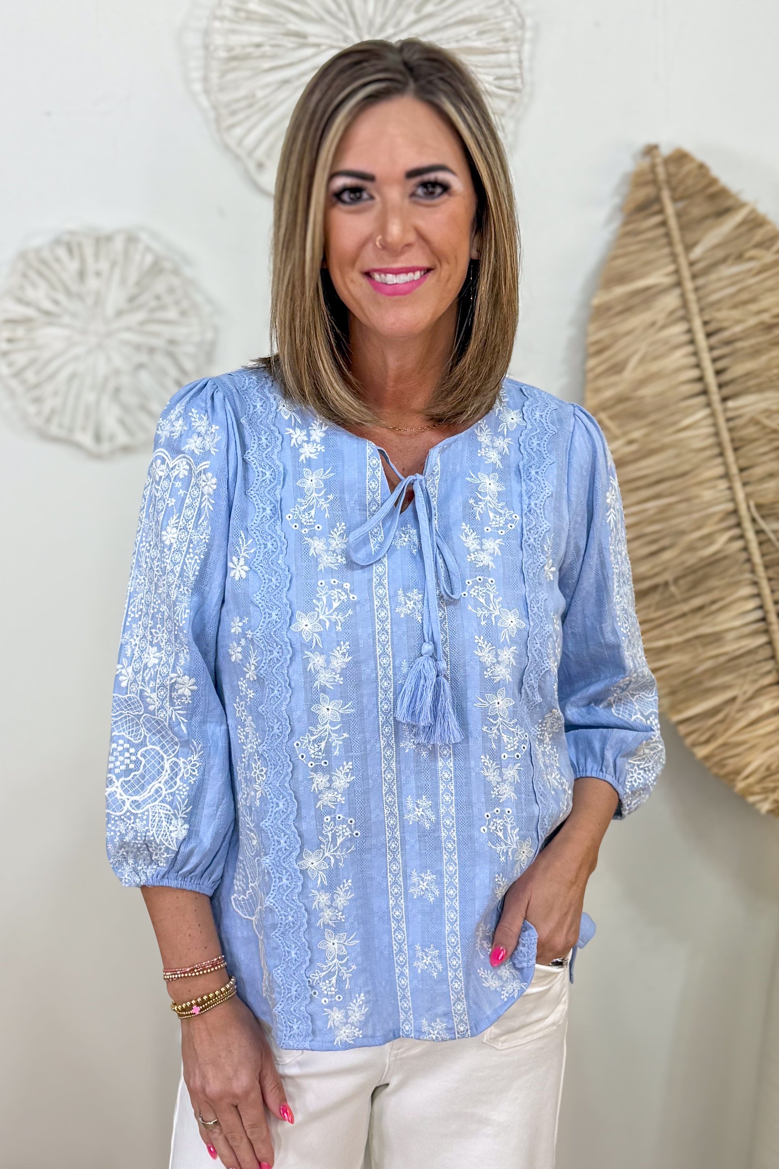 Ice Blue Floral Embroidery Blouse