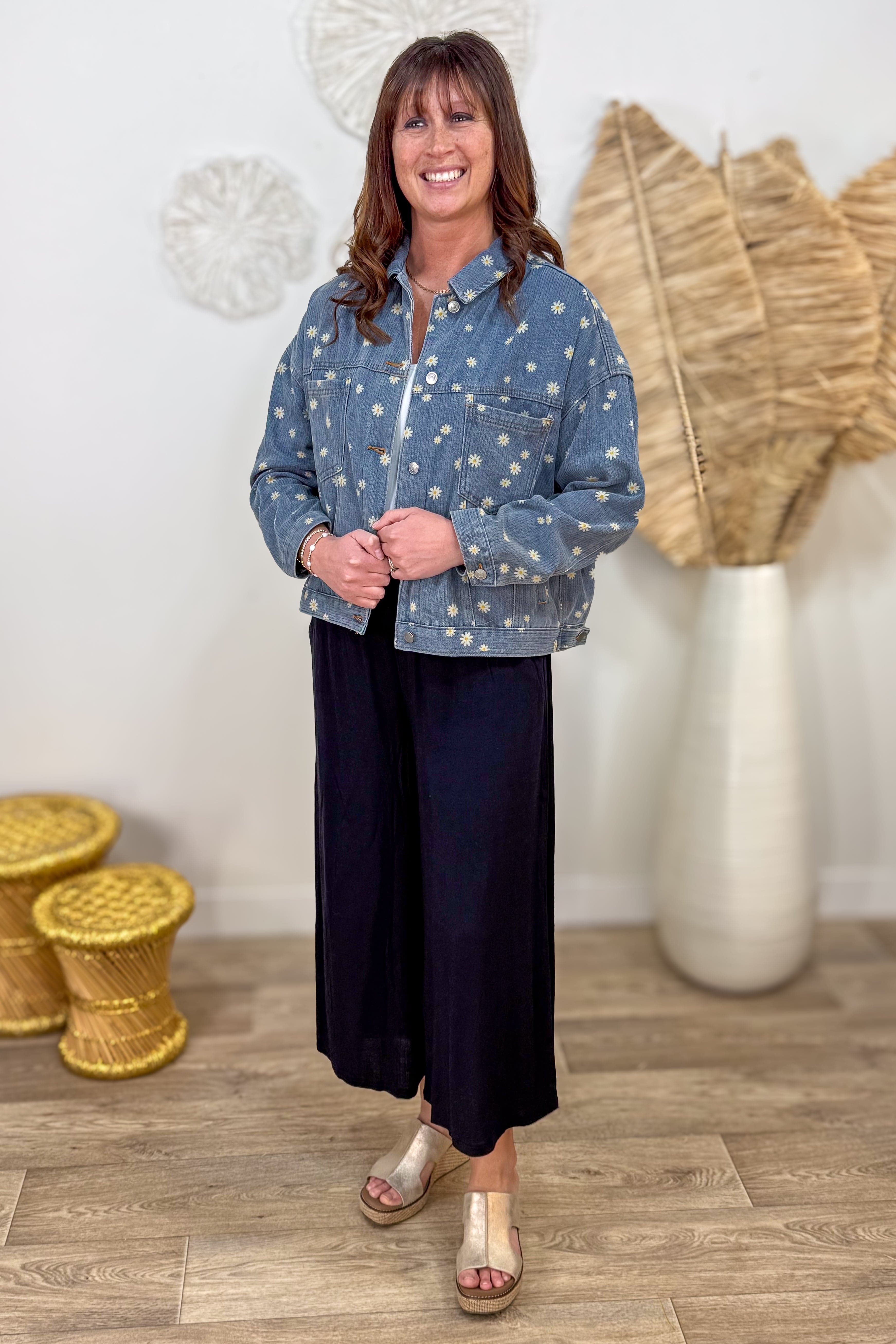 Denim Floral Printed Jacket Styled