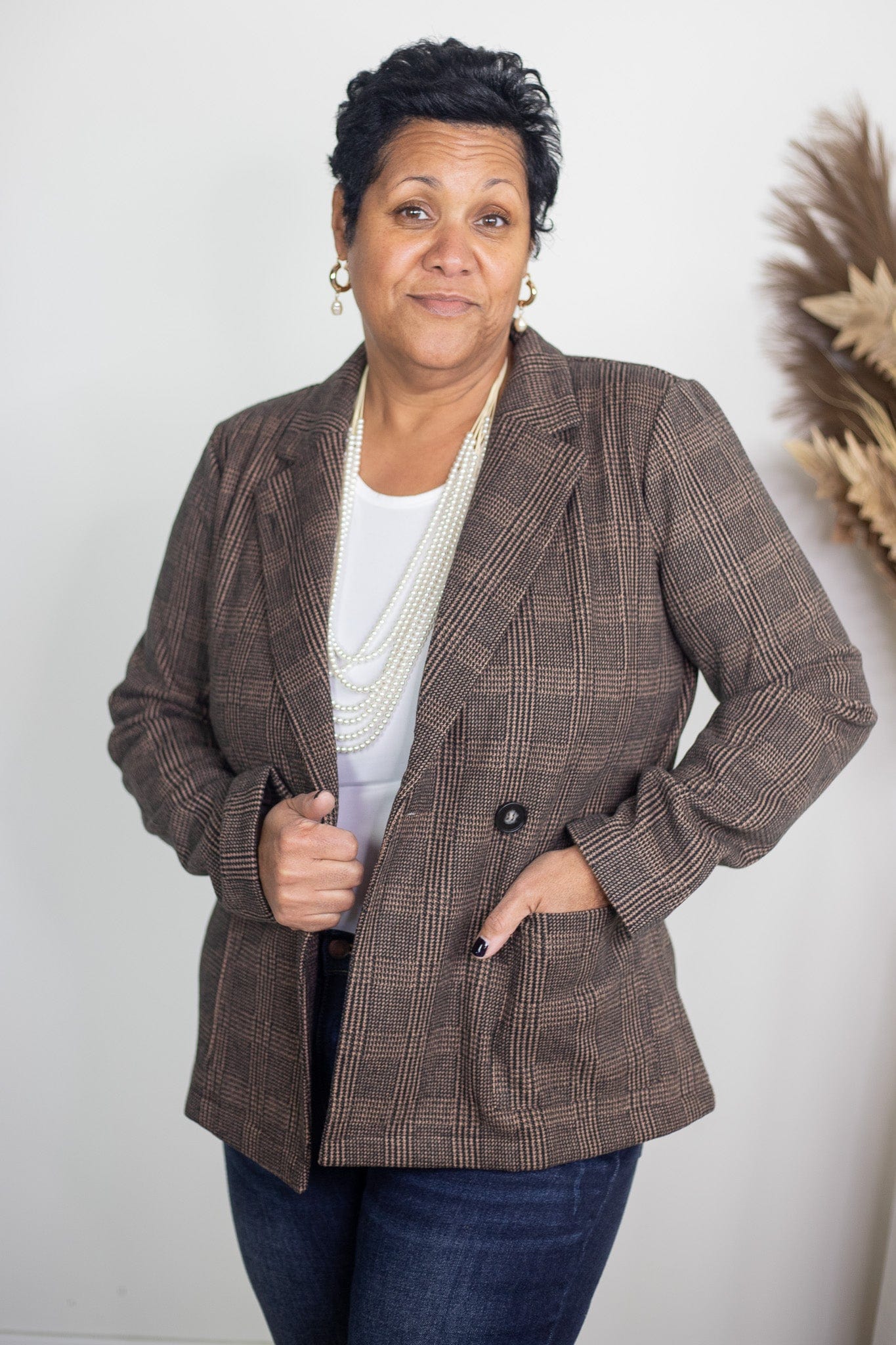 Mocha Houndstooth Plaid Blazer