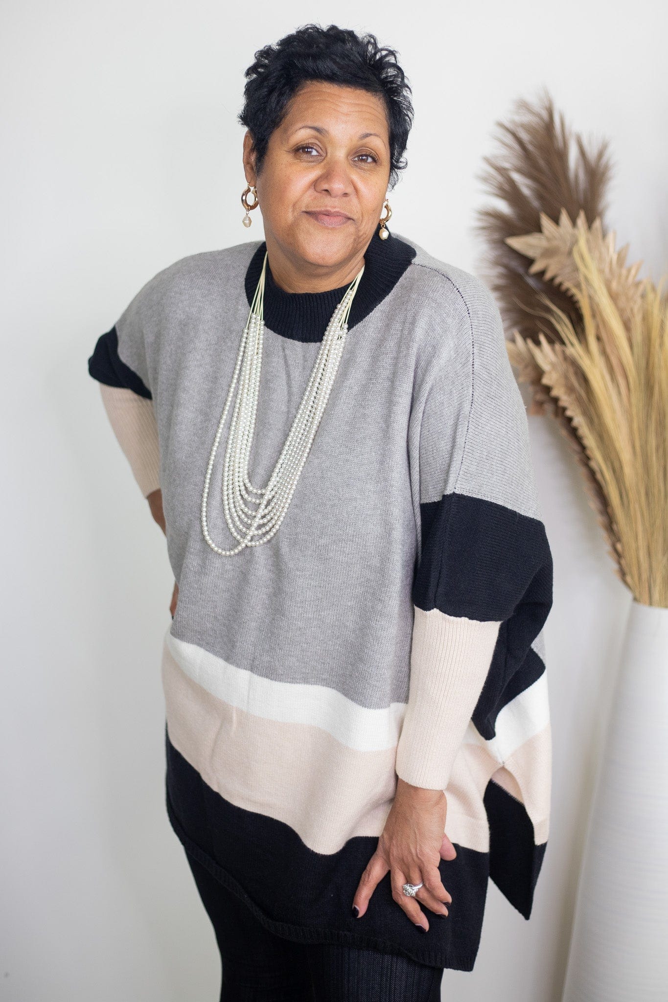 Grey Printed Sweater Poncho