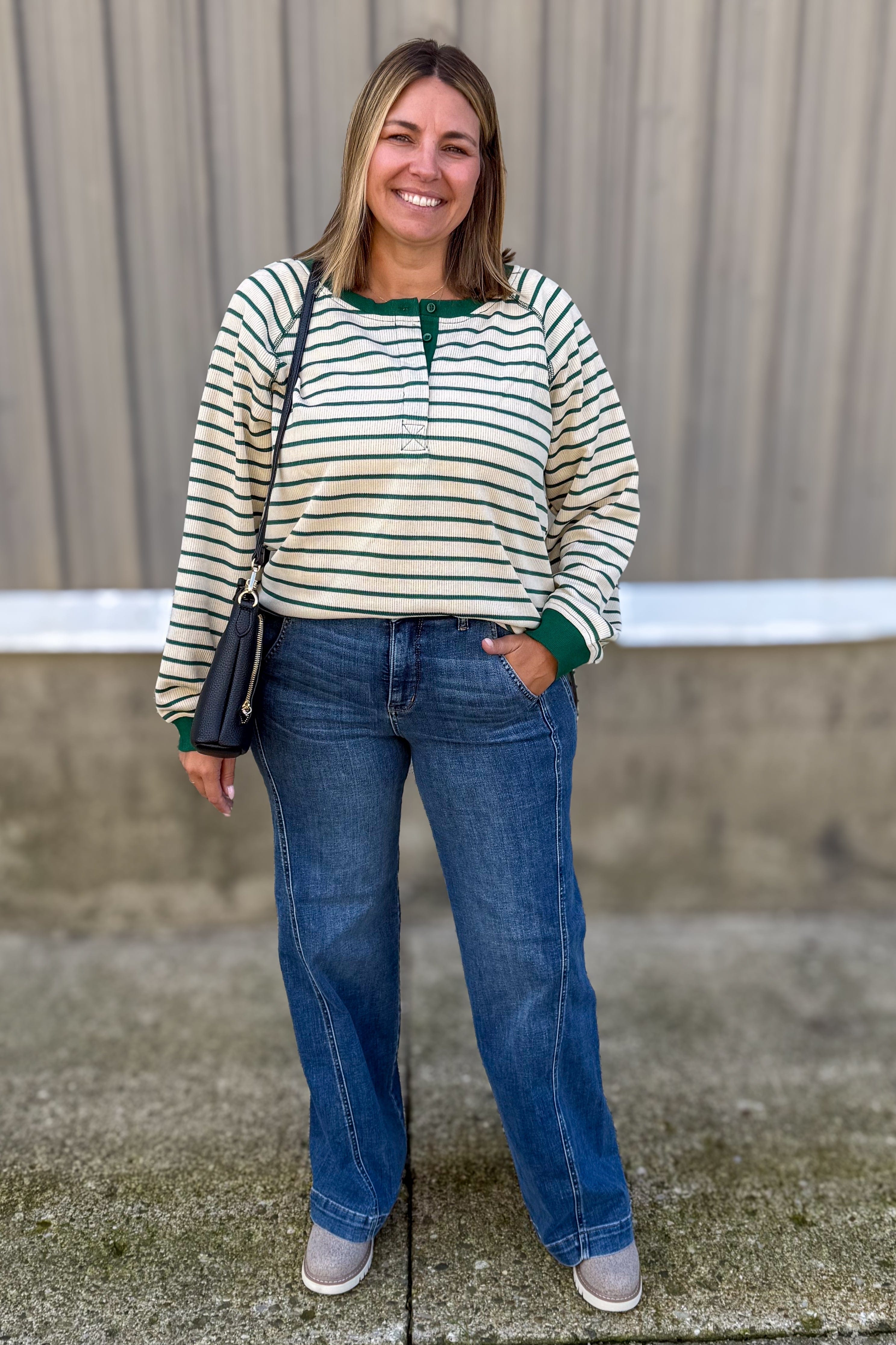 Green Stripe Quarter Button Top styled