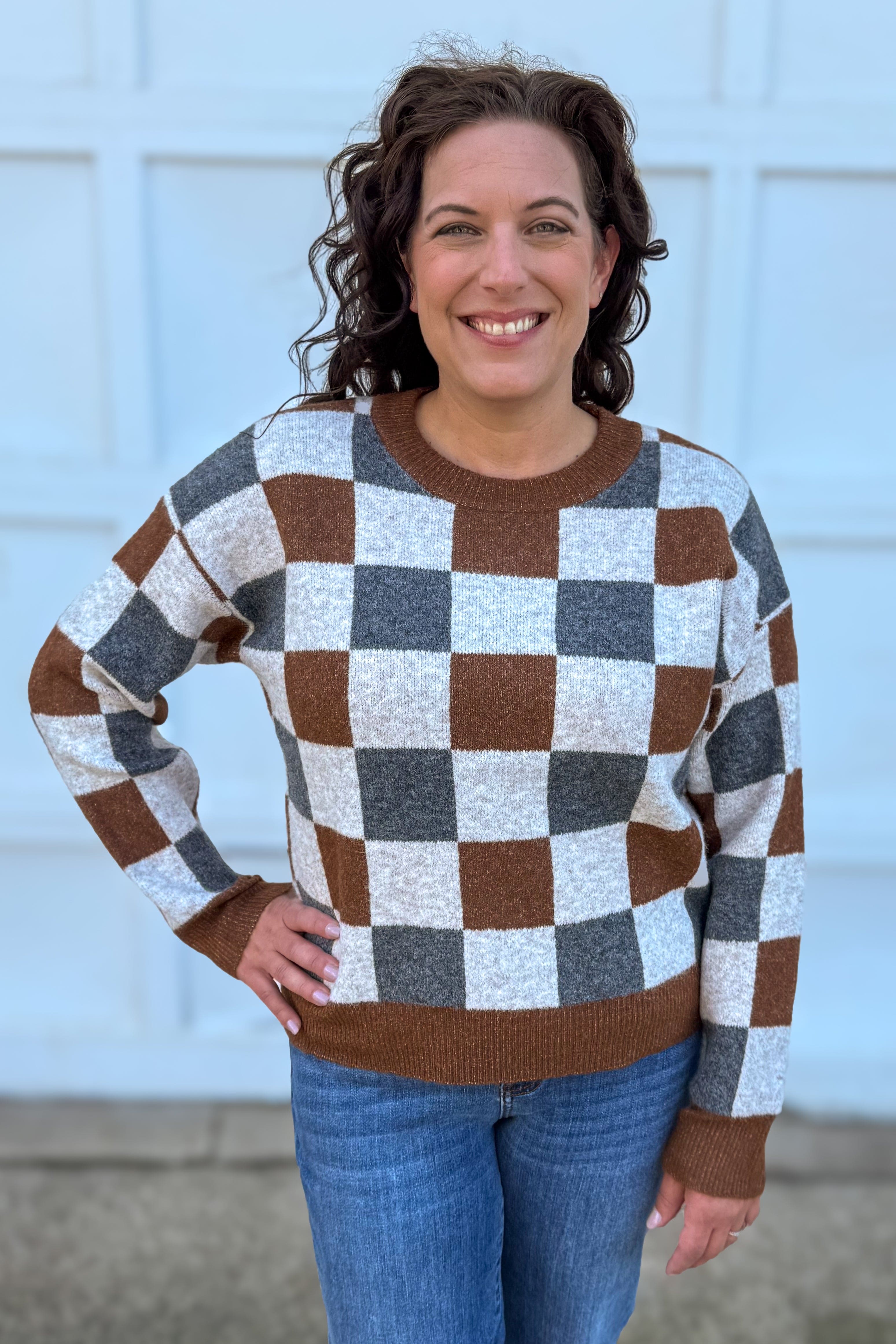 Brown Checkered Crew Neck Sweater