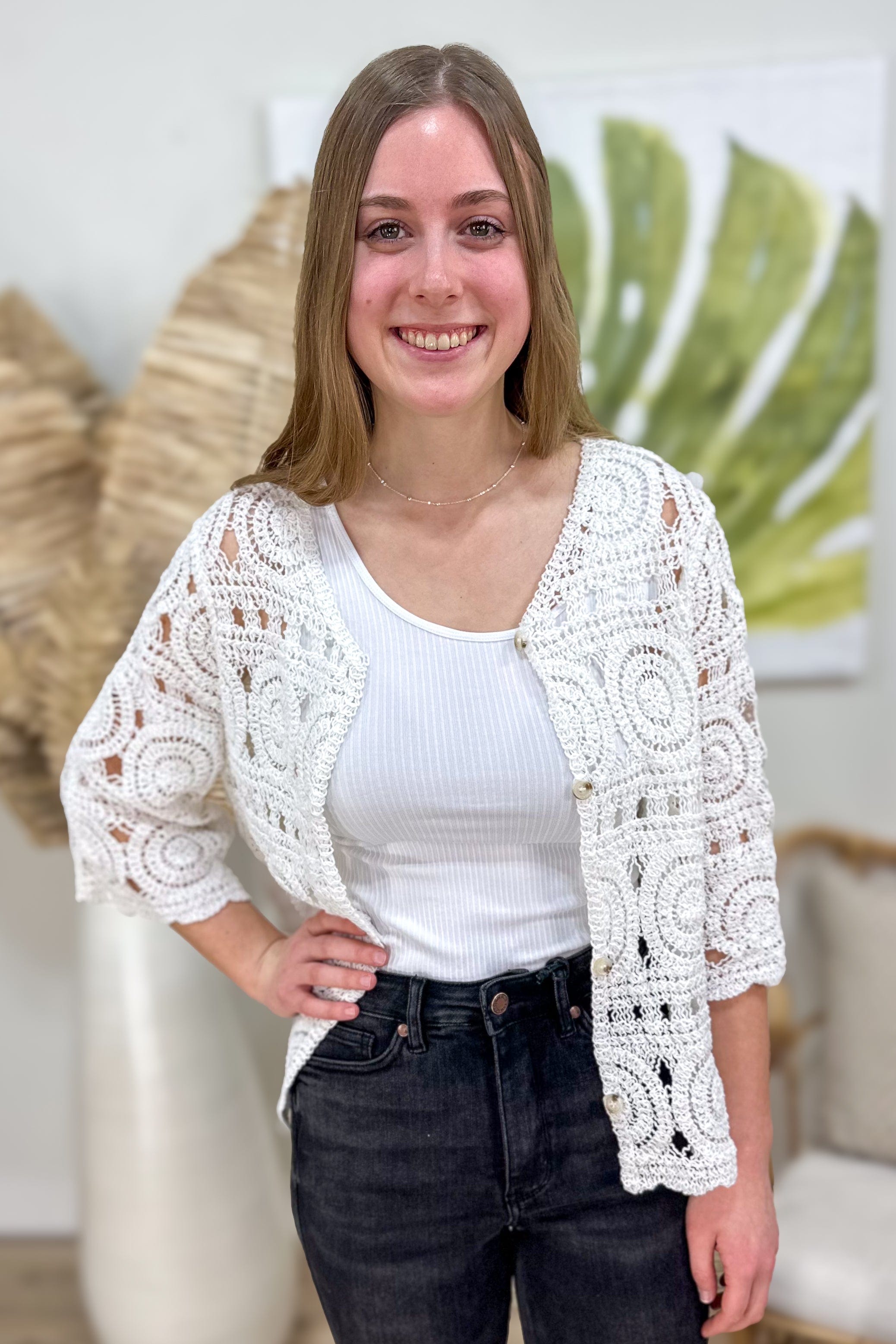 White Crochet Button Short Cardigan