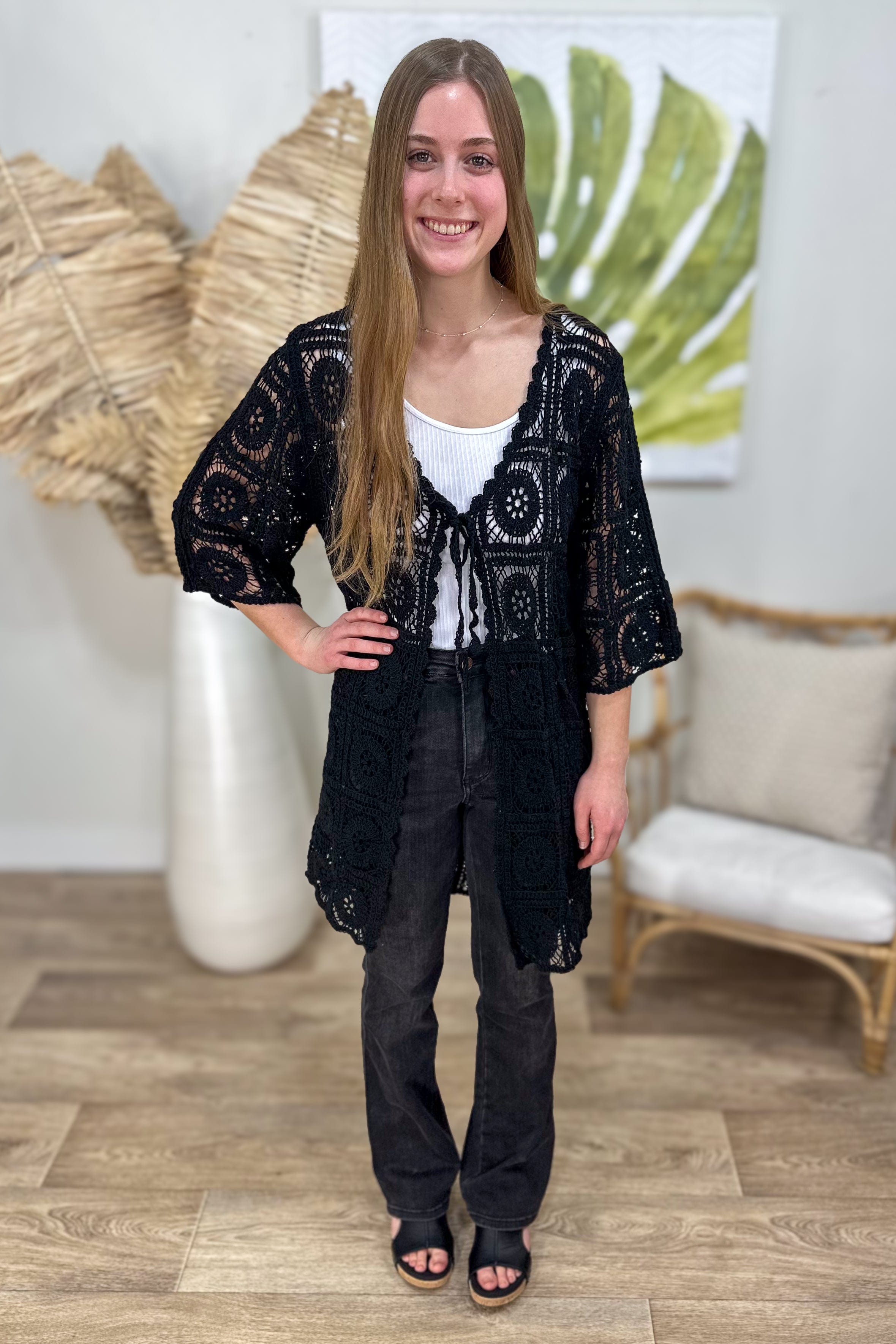 Black Crochet Tie Front Cardigan Styled