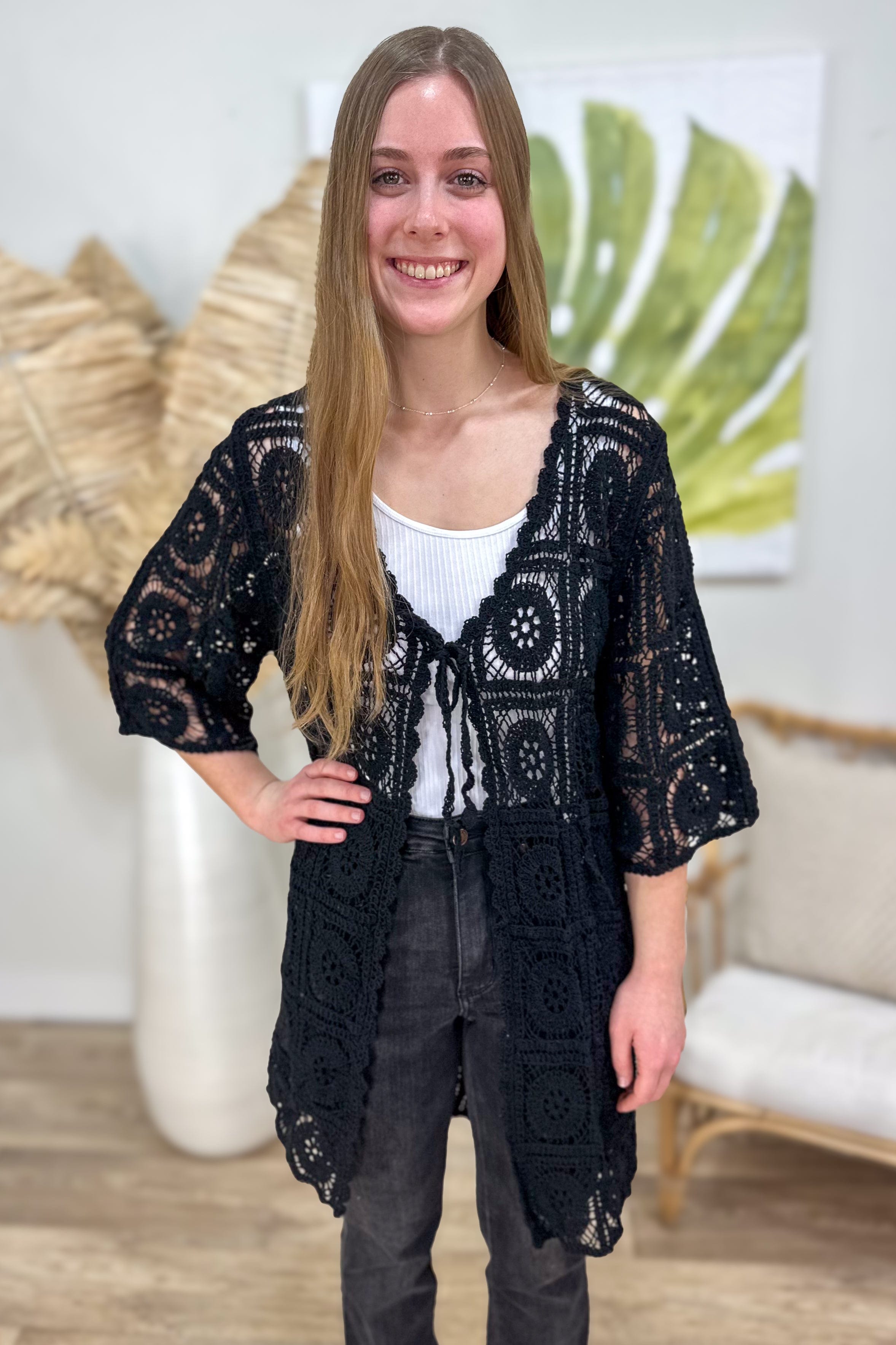 Black Crochet Tie Front Cardigan