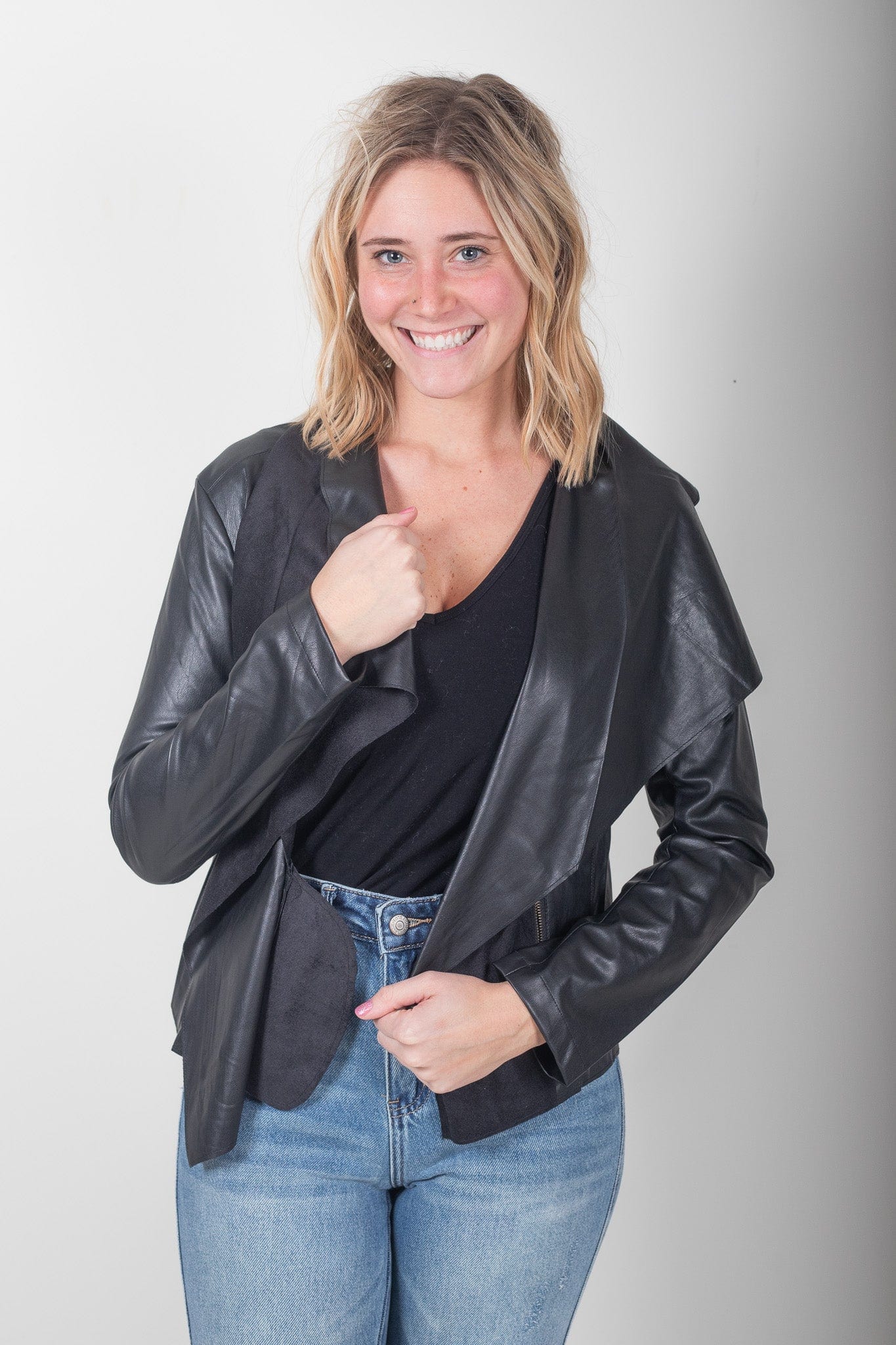 Black Faux Leather Drape Jacket