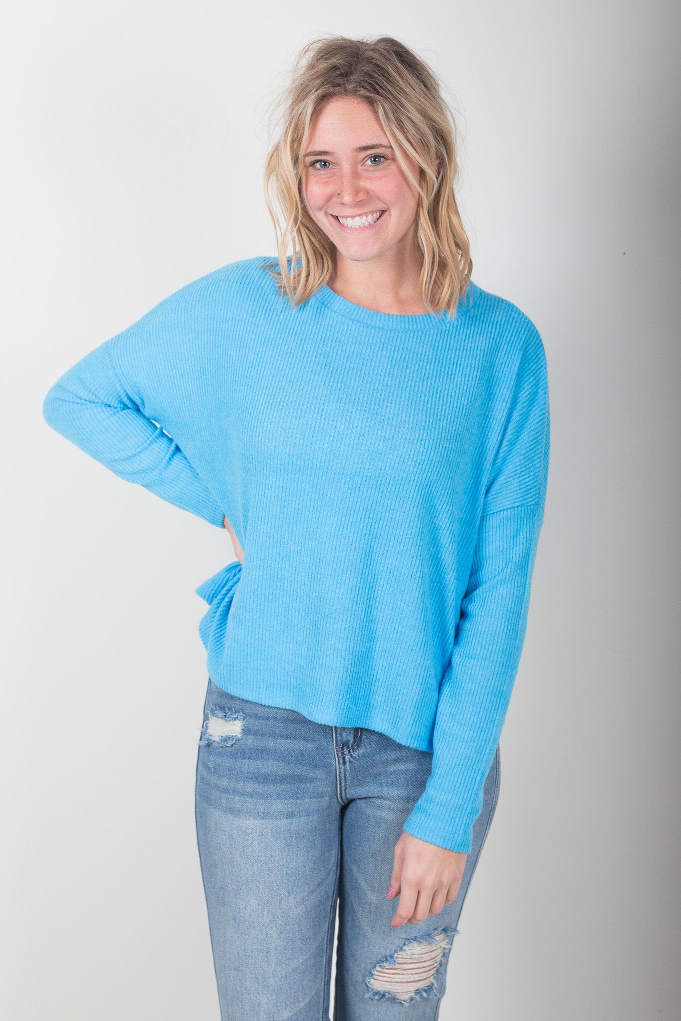 Deep Sky Ribbed Dolman Sweater