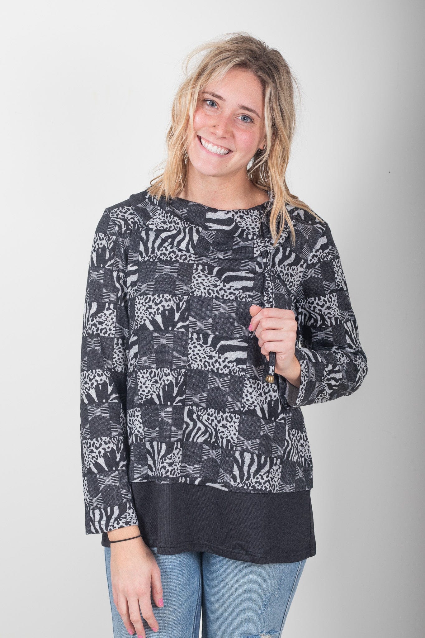 Animal Block Pattern Cowl Neck Pullover