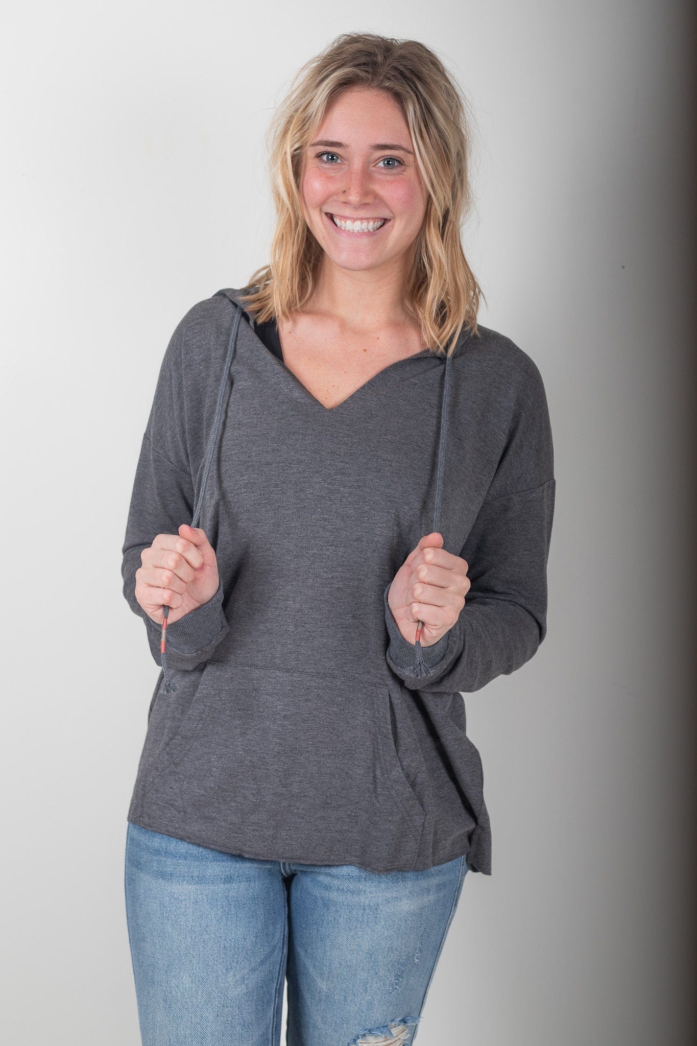 Grey Soft Hoodie w/Colorful Drawstring