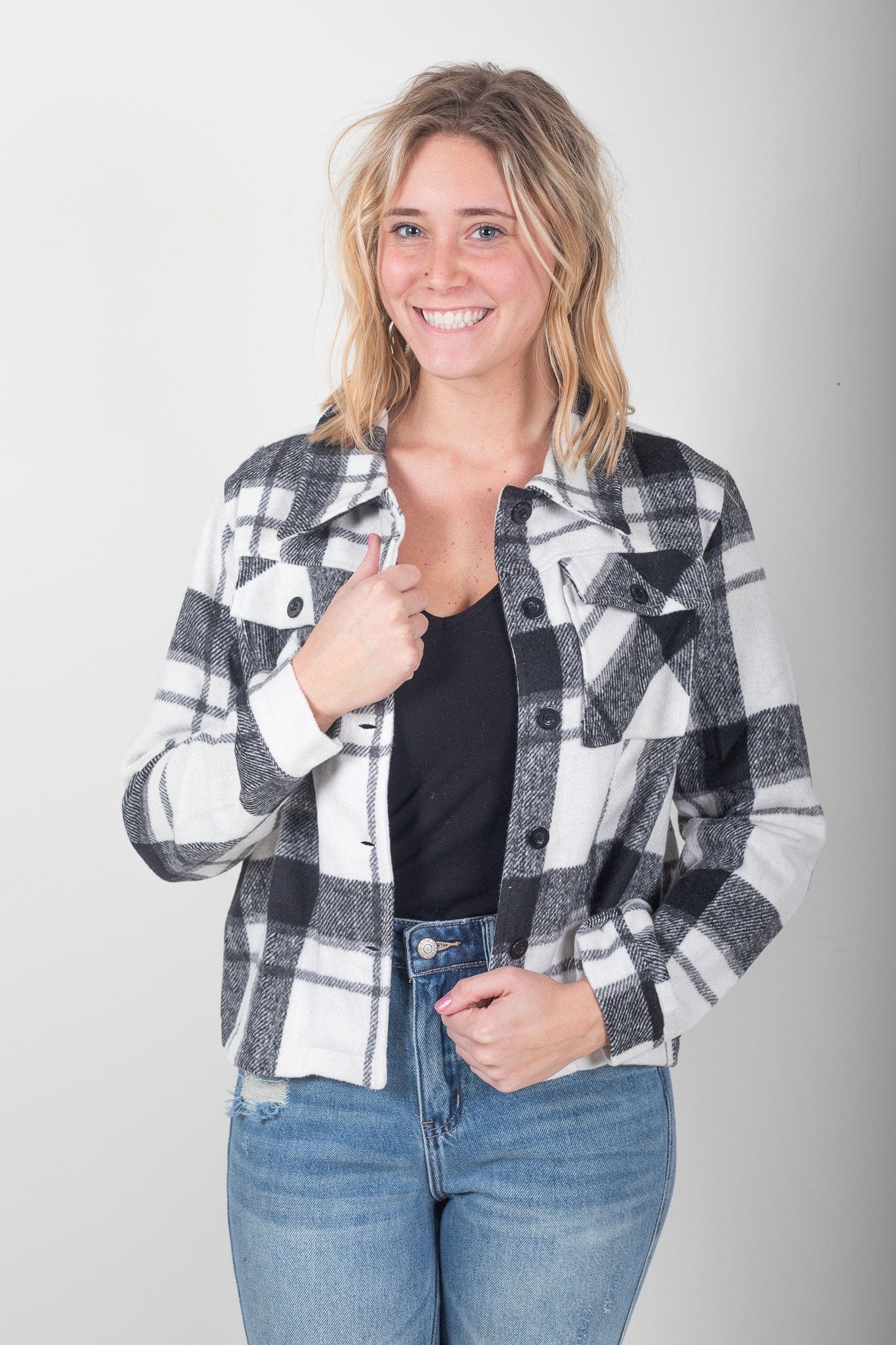 Black White Plaid Cropped Utility Jacket