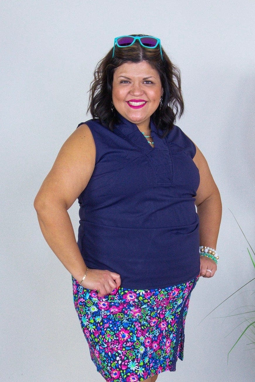 Navy Ruffle Neckline Sleeveless Top