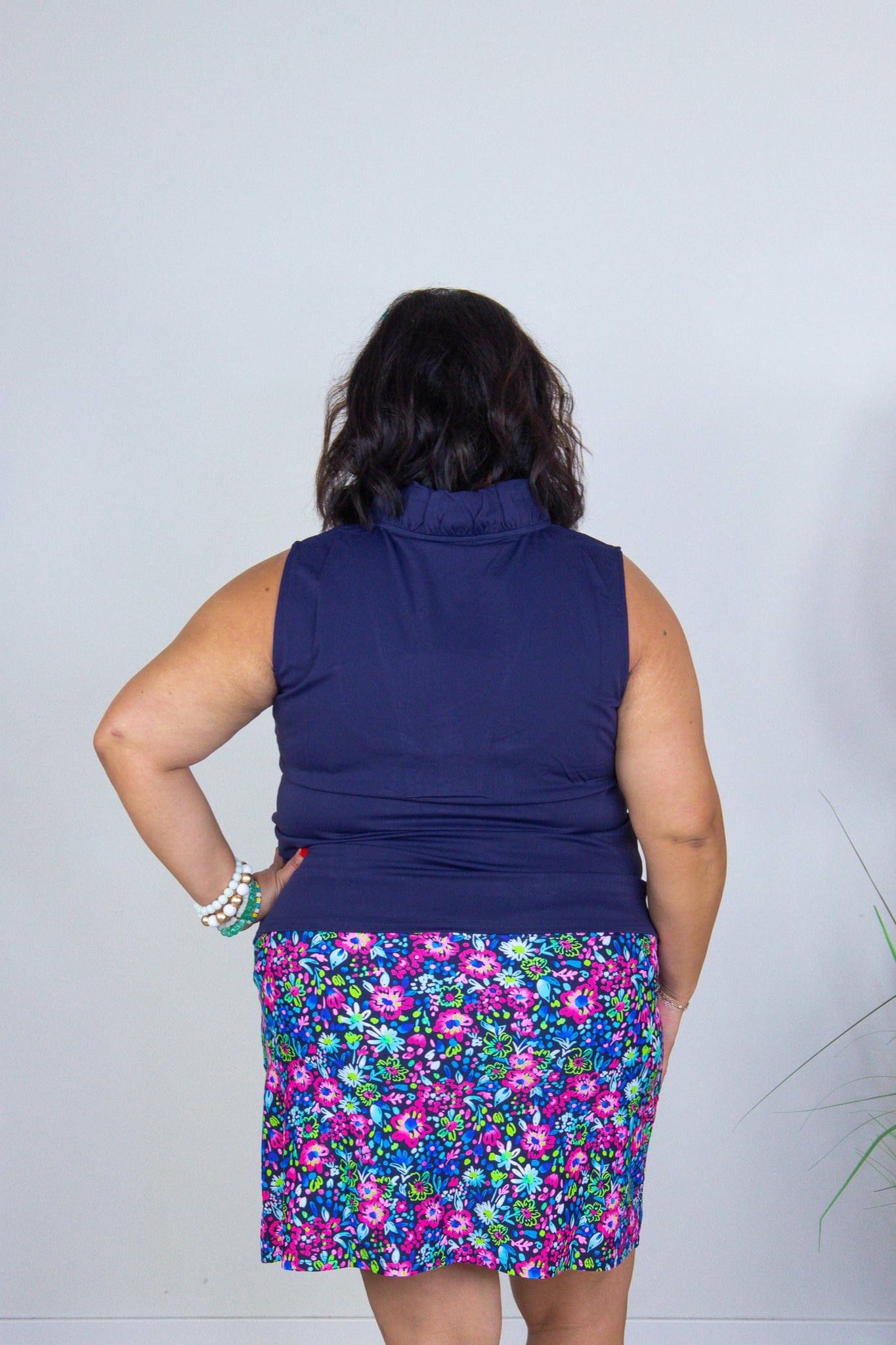 Navy Ruffle Neckline Sleeveless Top Back