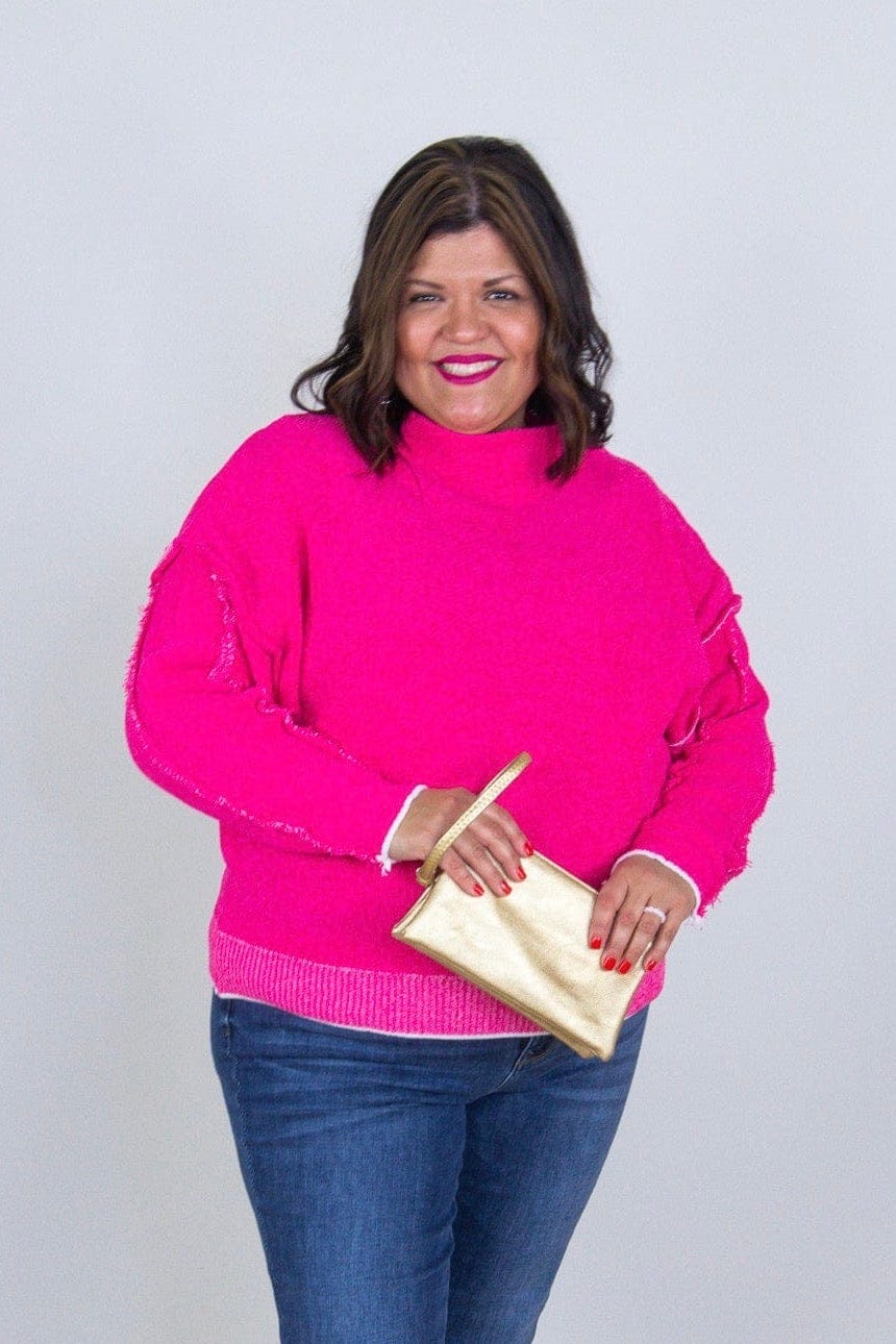 Hot Pink Oversized Raw Seam Chenille Sweater