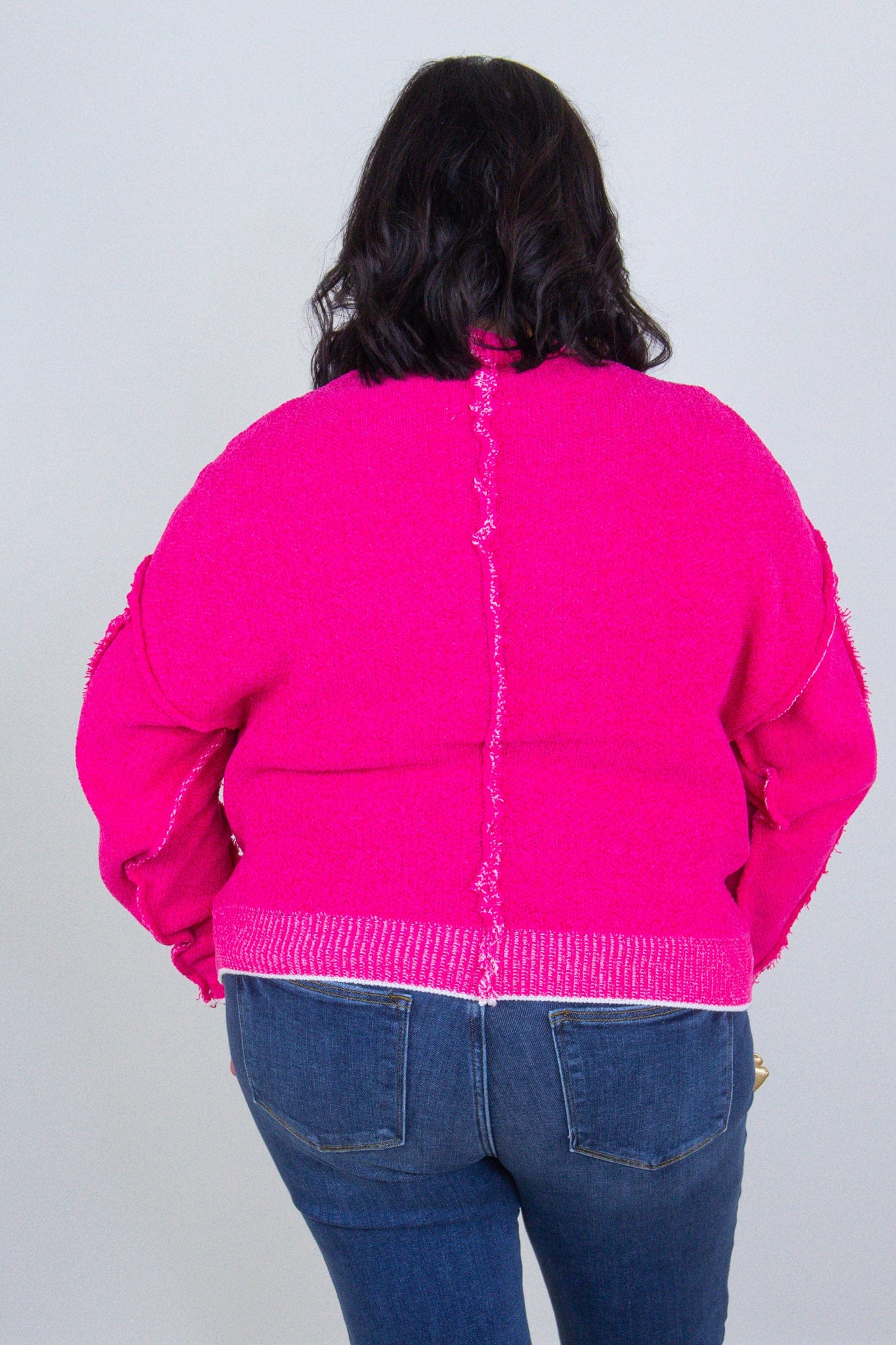 Hot Pink Oversized Raw Seam Chenille Sweater back