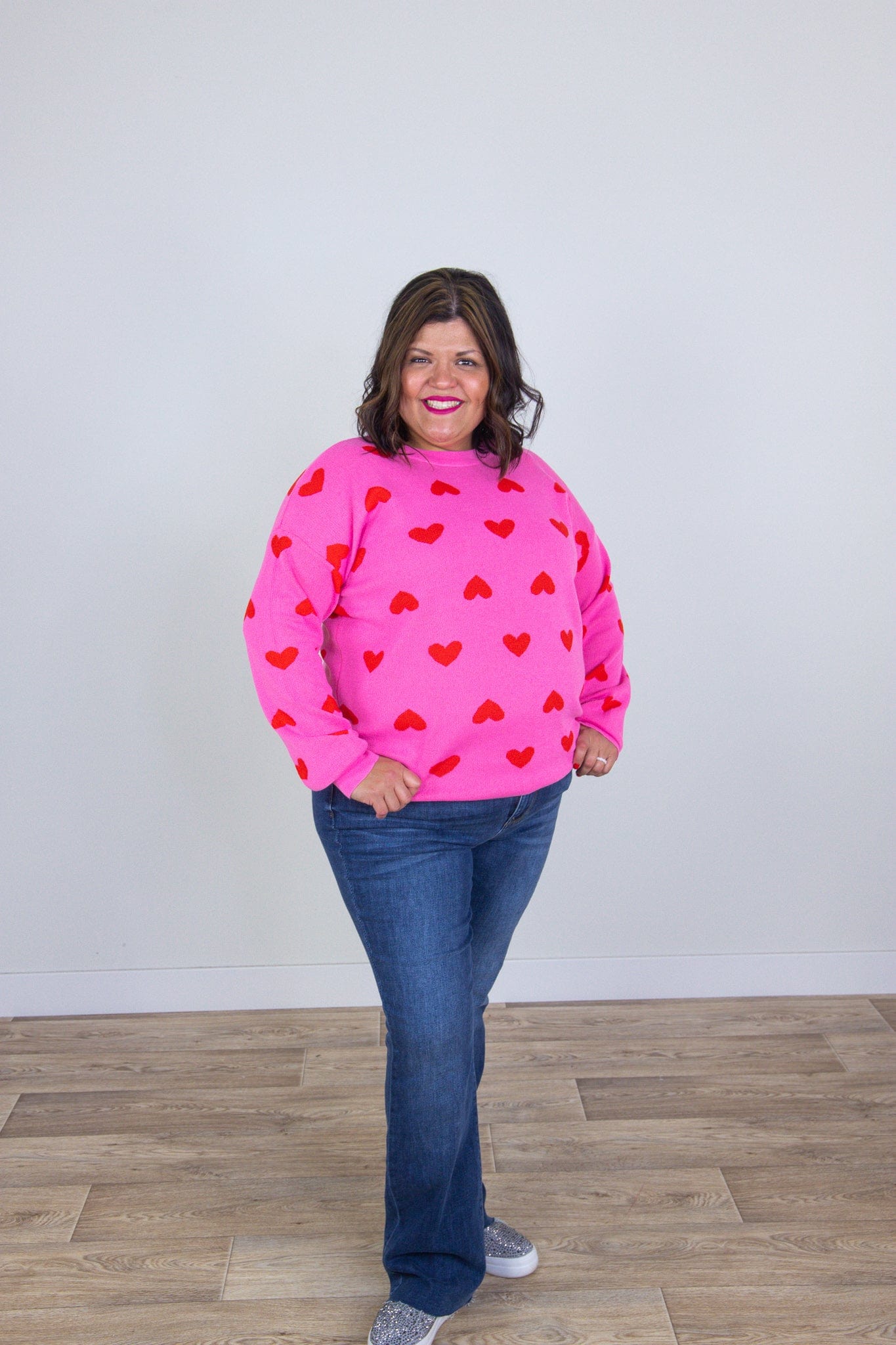 Hearts Pink Jaquarded Crew Neck Sweater