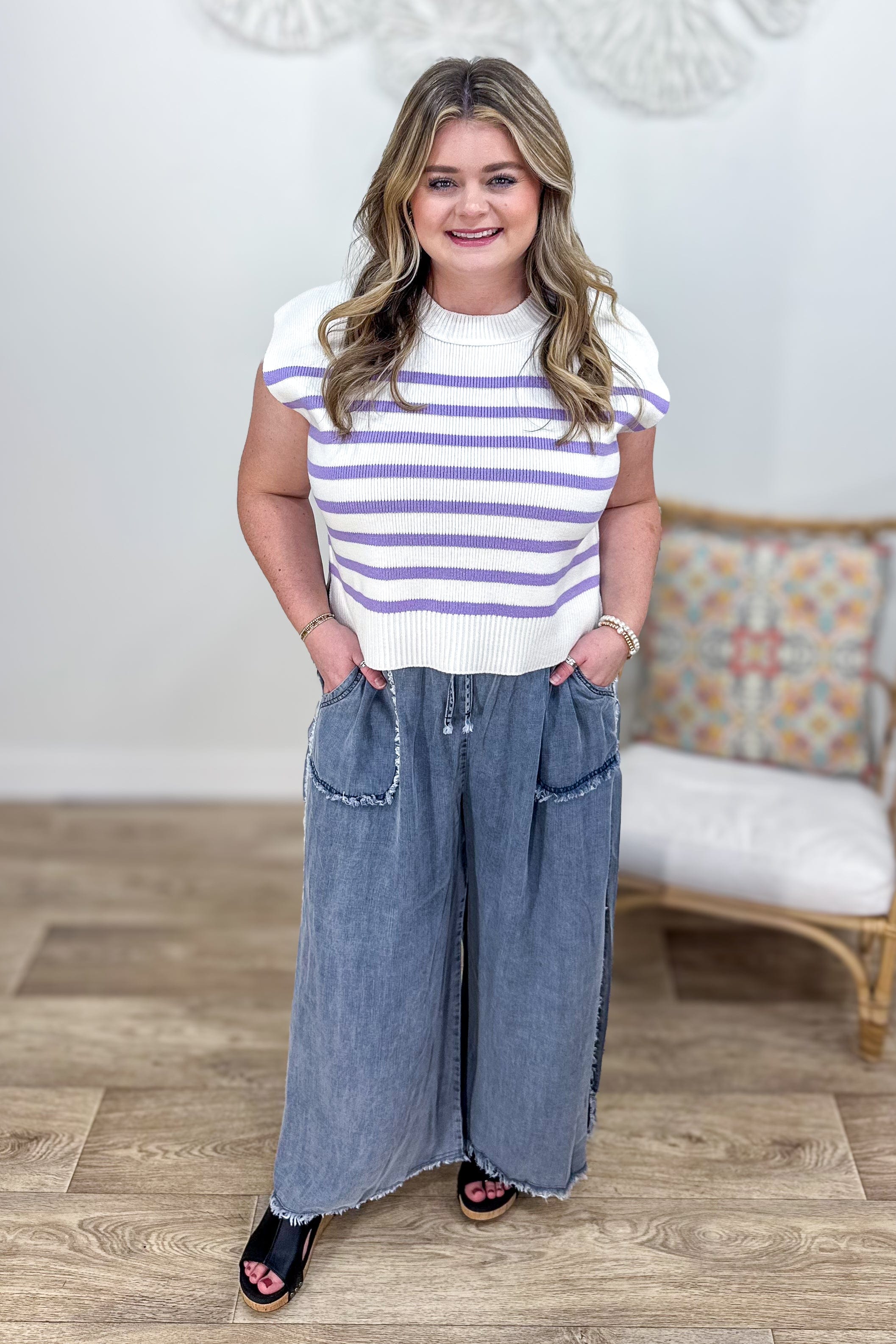 Lavender Stripe Sweater Vest Styled