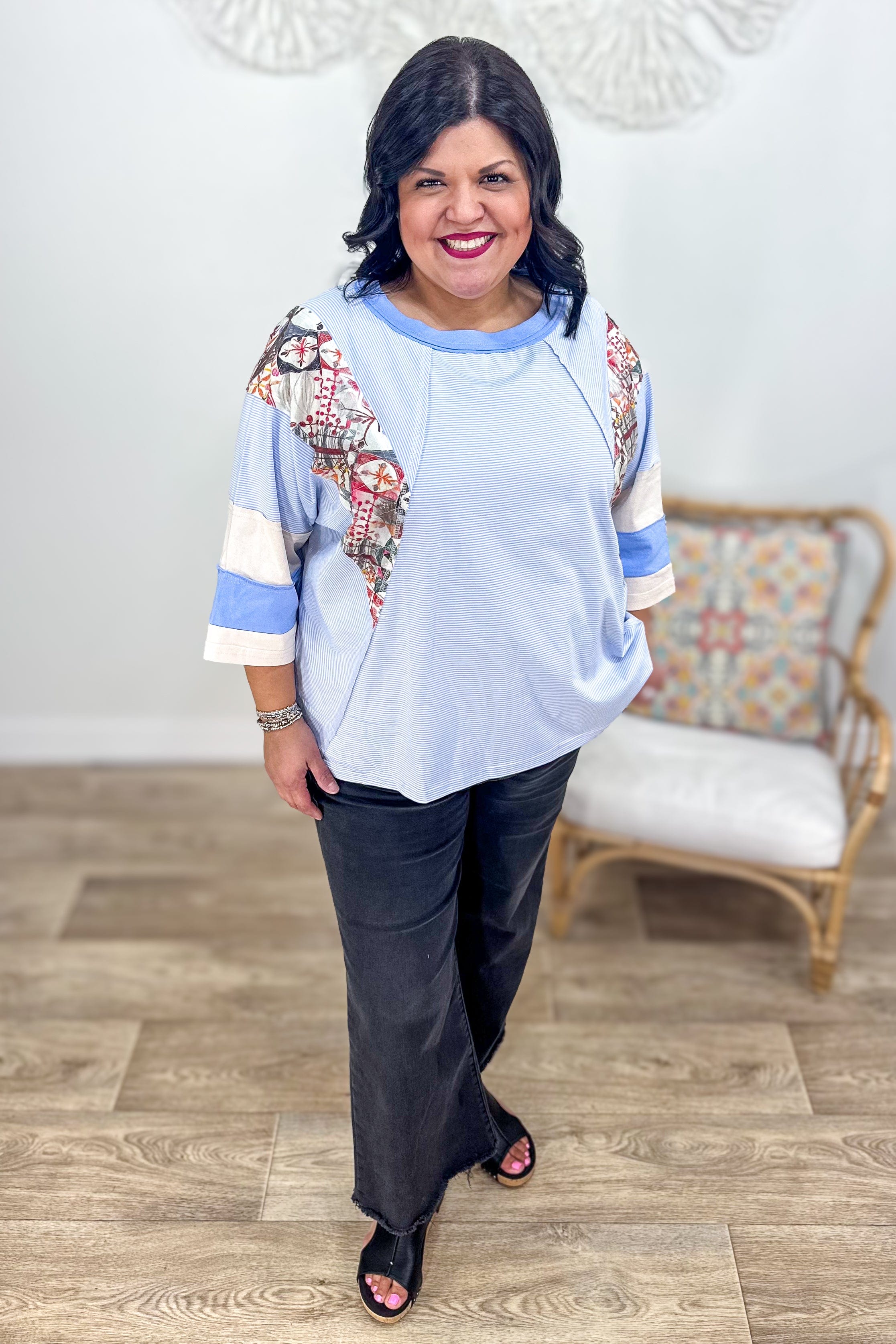 Peri Blue 3/4 Sleeve Stripe Top Styled