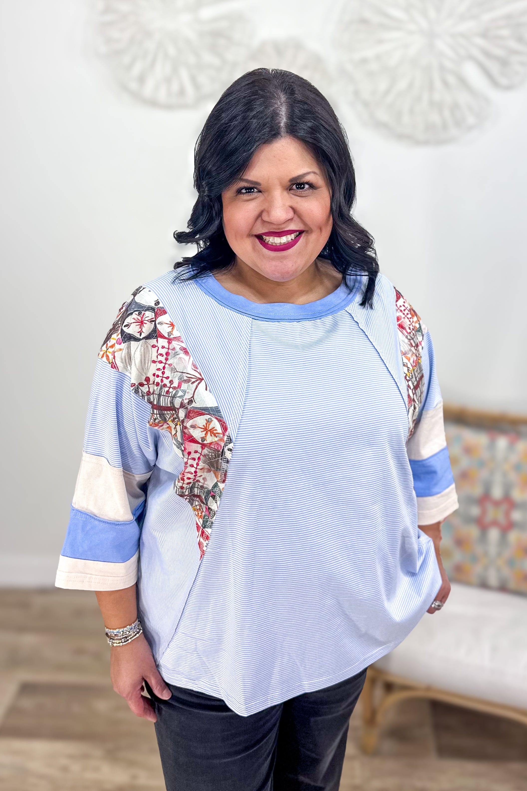 Peri Blue 3/4 Sleeve Stripe Top