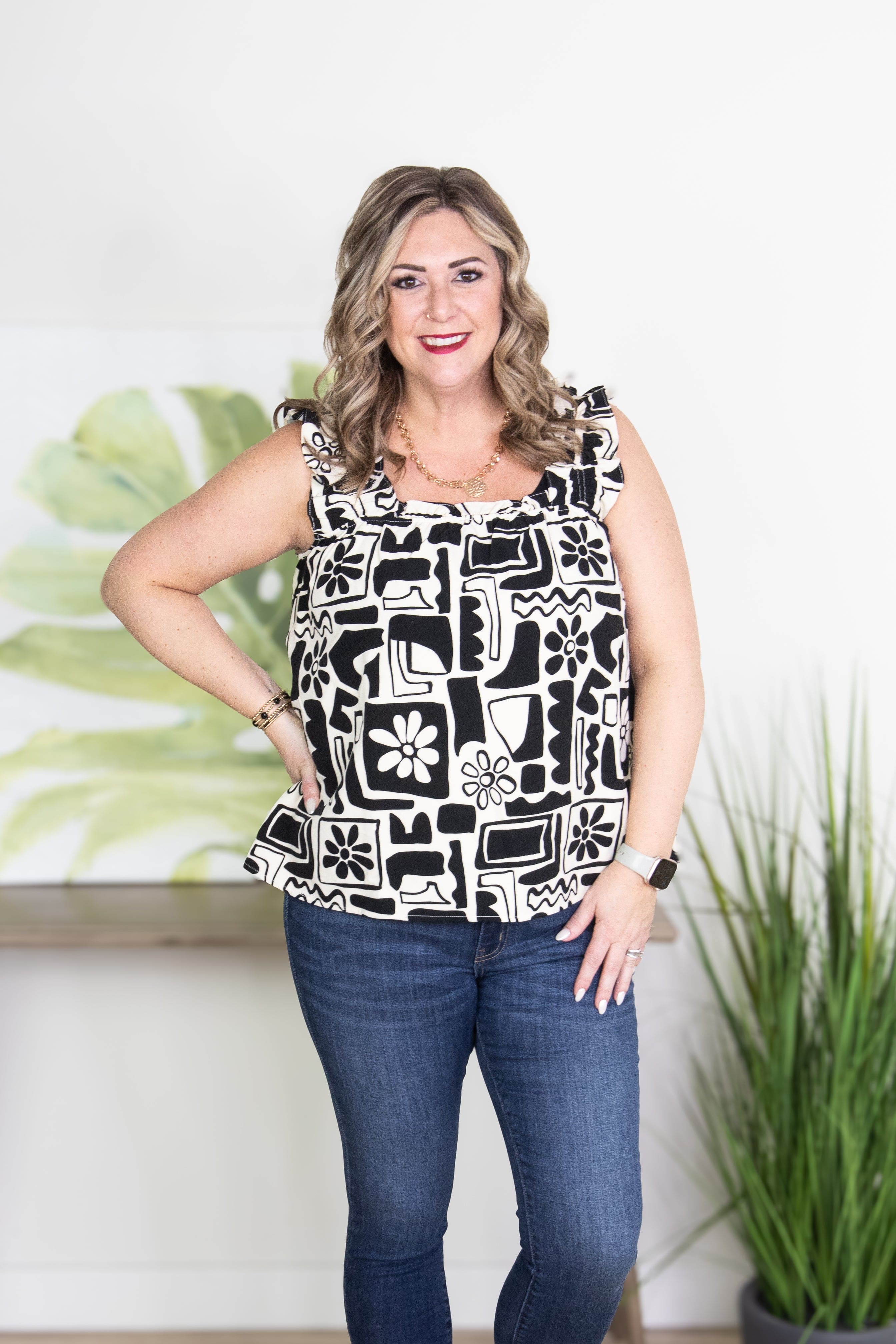 Geo Black Floral Charlie Ruffle Top