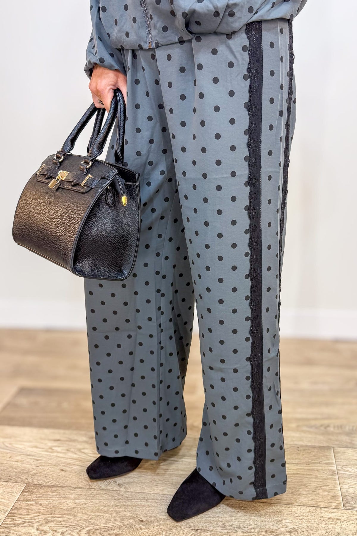 Charcoal Polka Dot with Lace Trim Wide Leg Pant