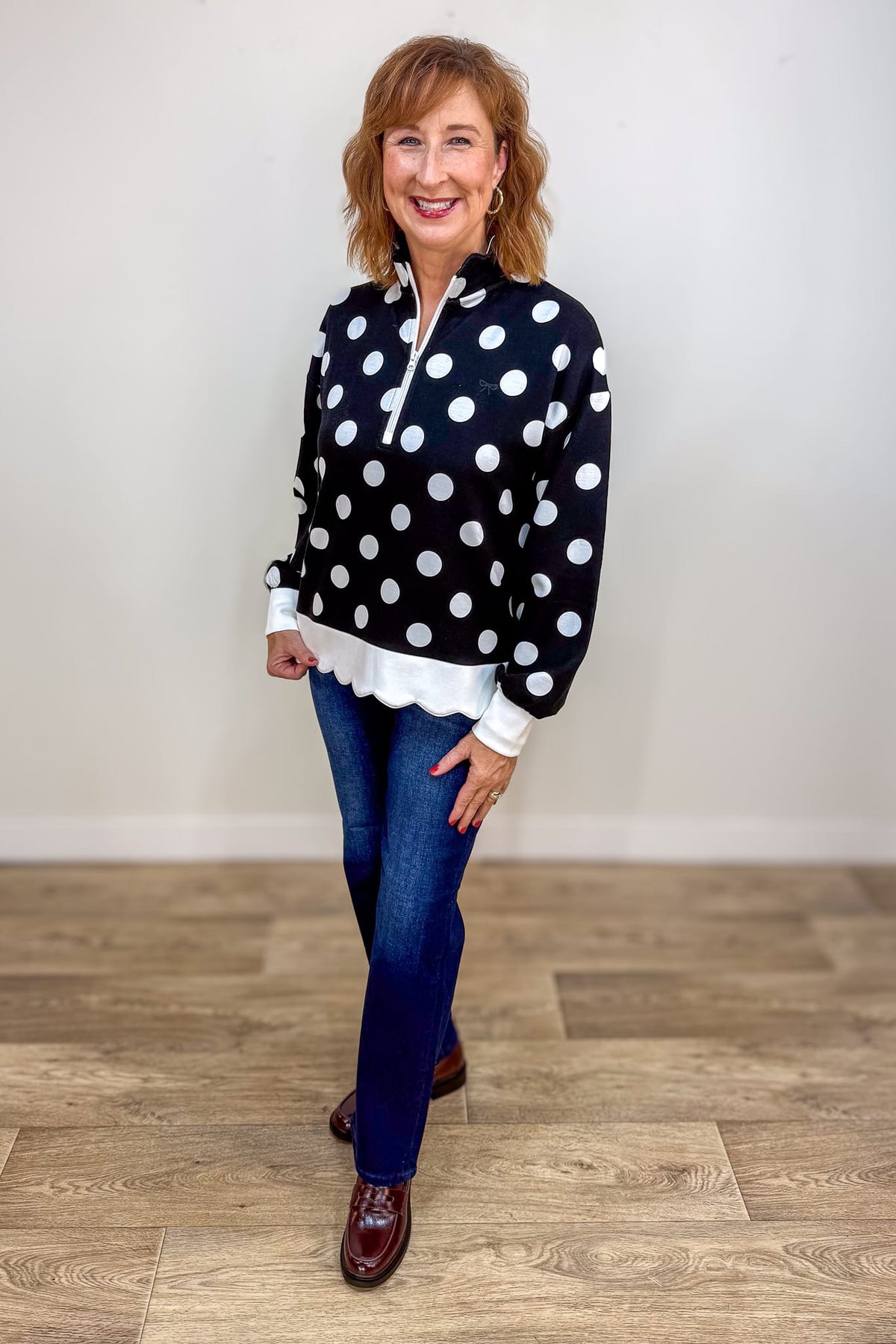 Black Polka Dot Scallop Zip Pullover