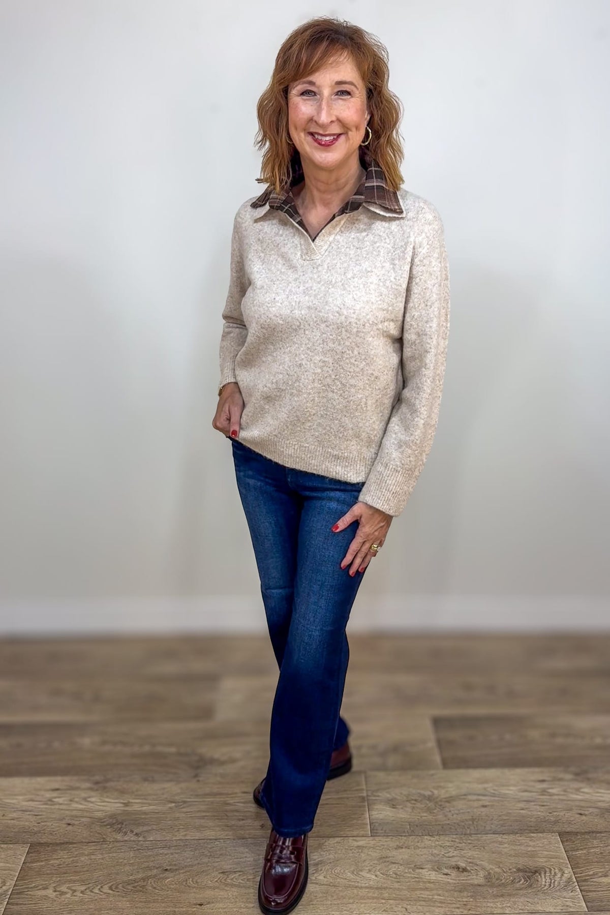 Beige Contrast Flannel Collar Sweater