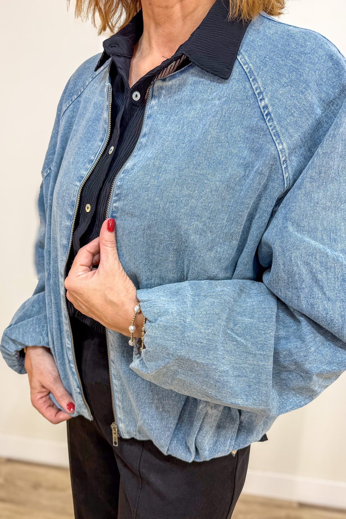 Denim Raglan Sleeve Bomber Jacket Detail