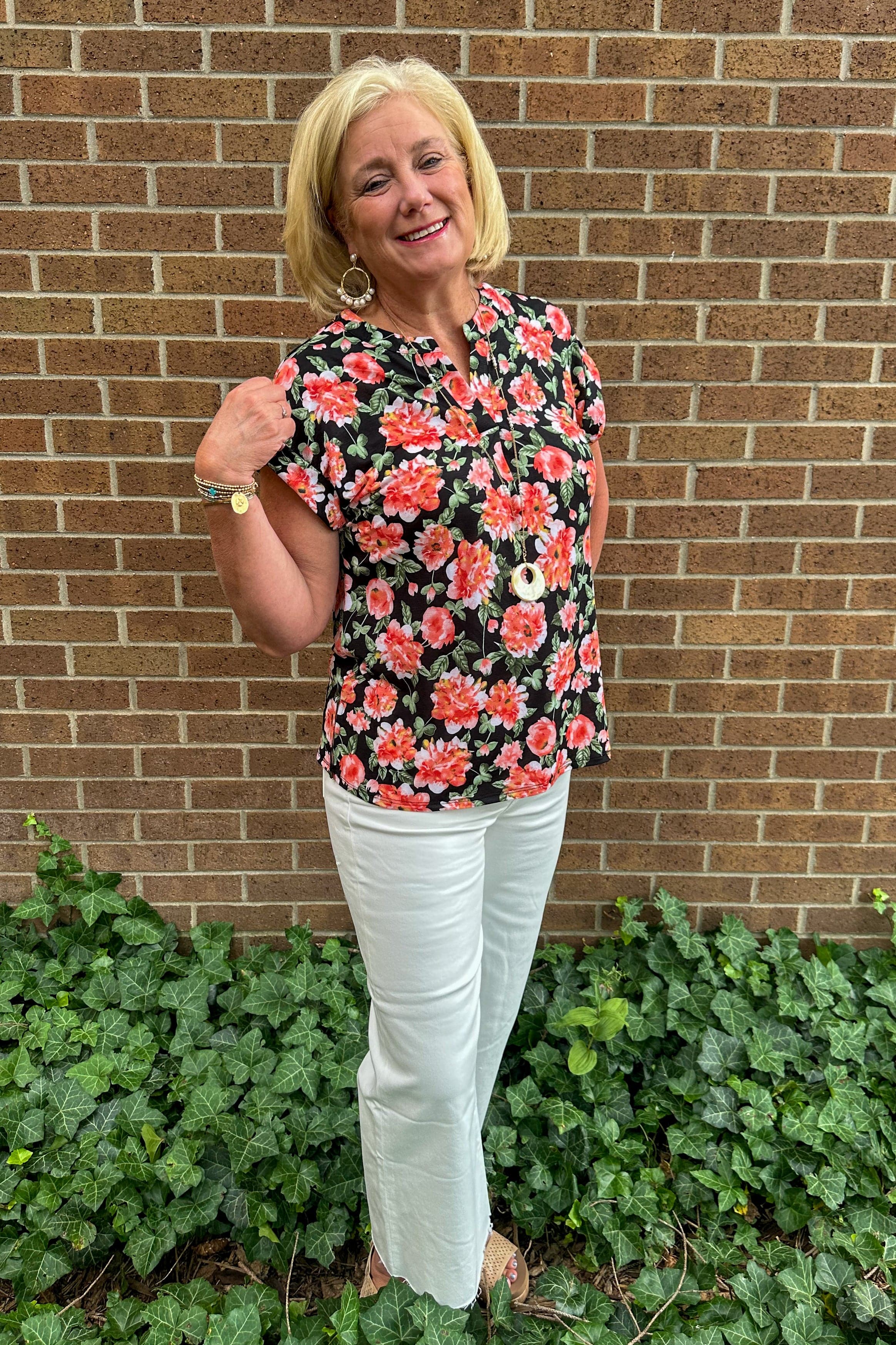 Black & Blush Floral Shortsleeve Lizzy Top