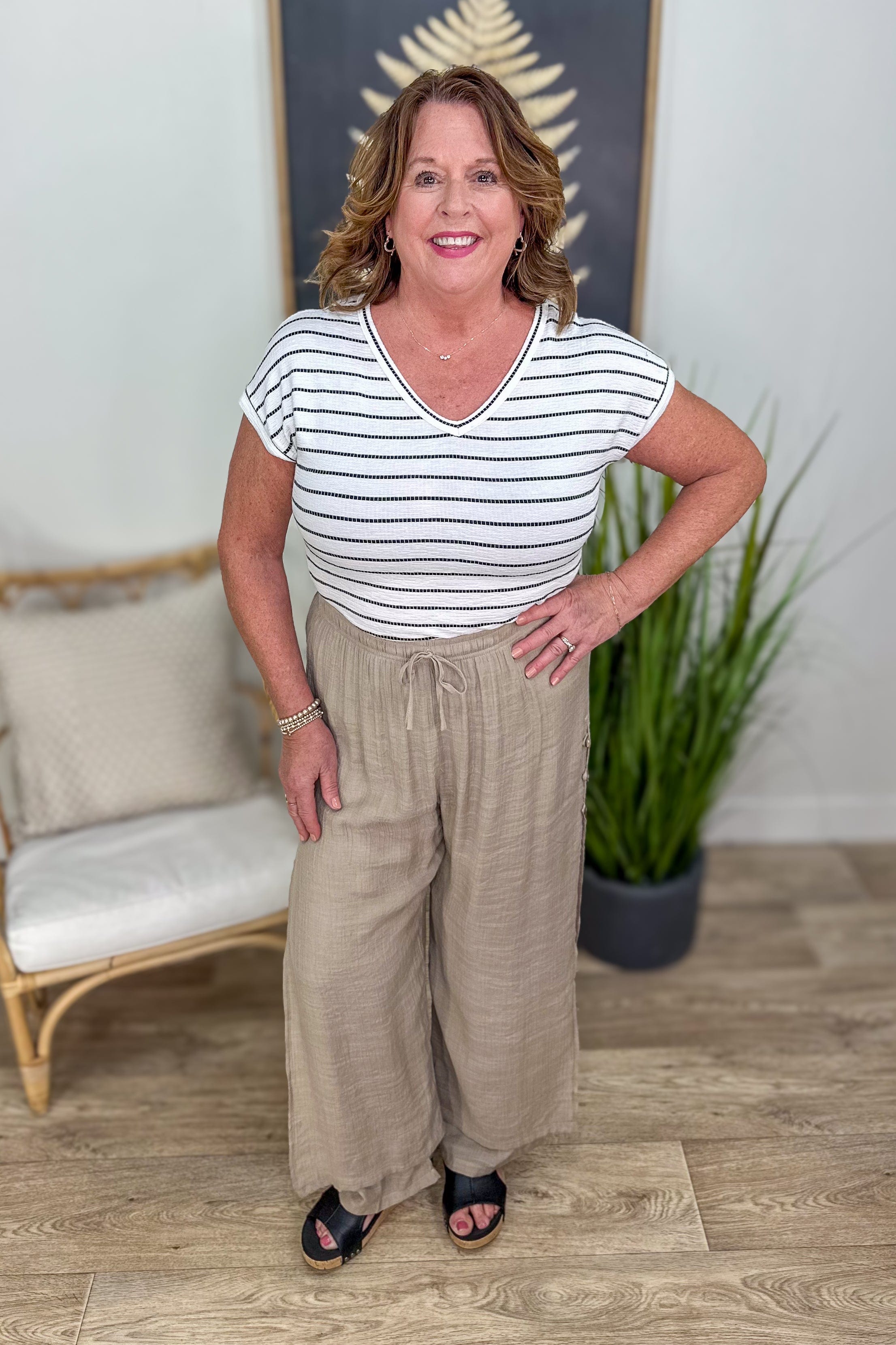 Ivory V-Neck Textured Stripe Top styled