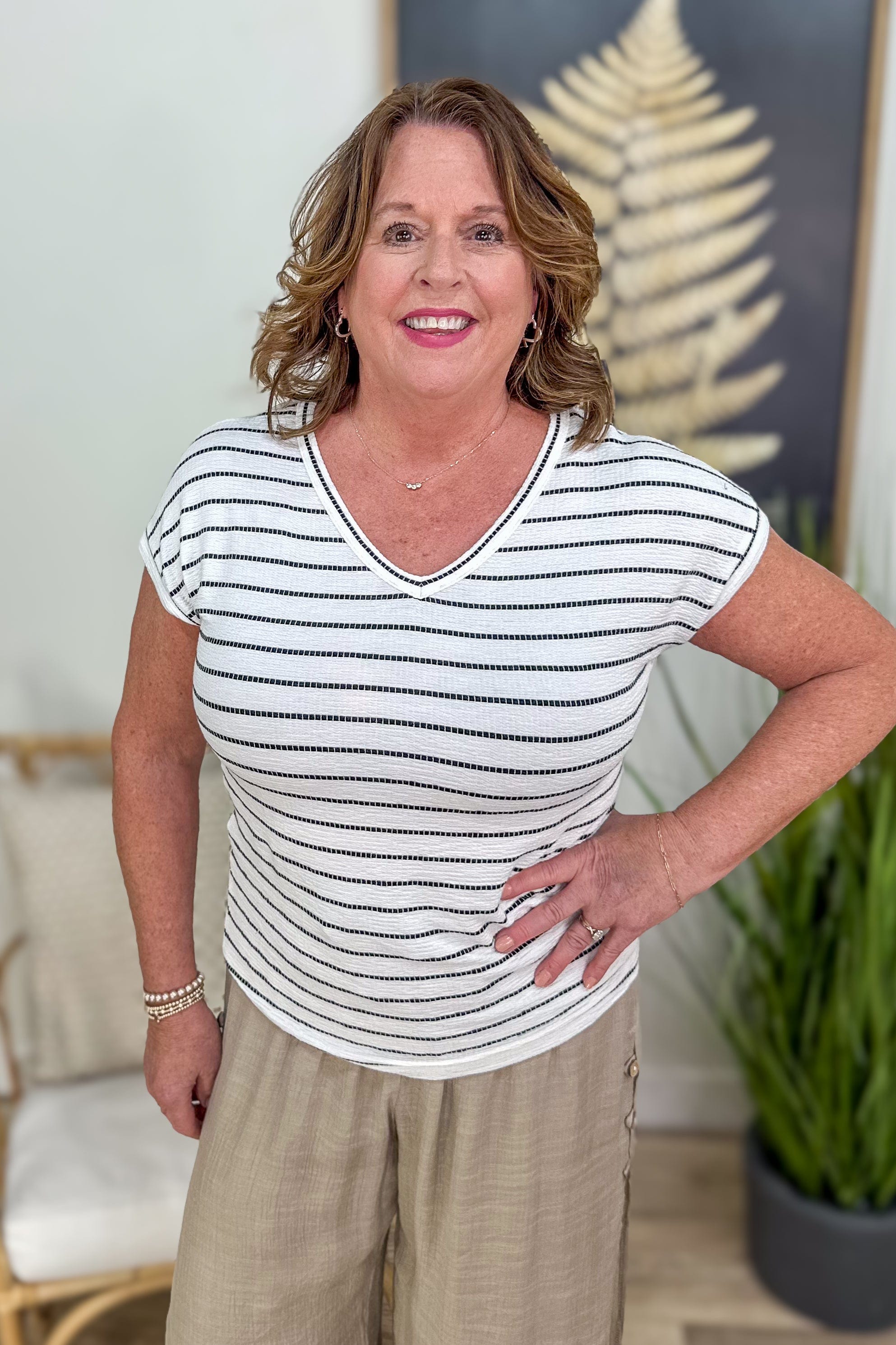 Ivory V-Neck Textured Stripe Top