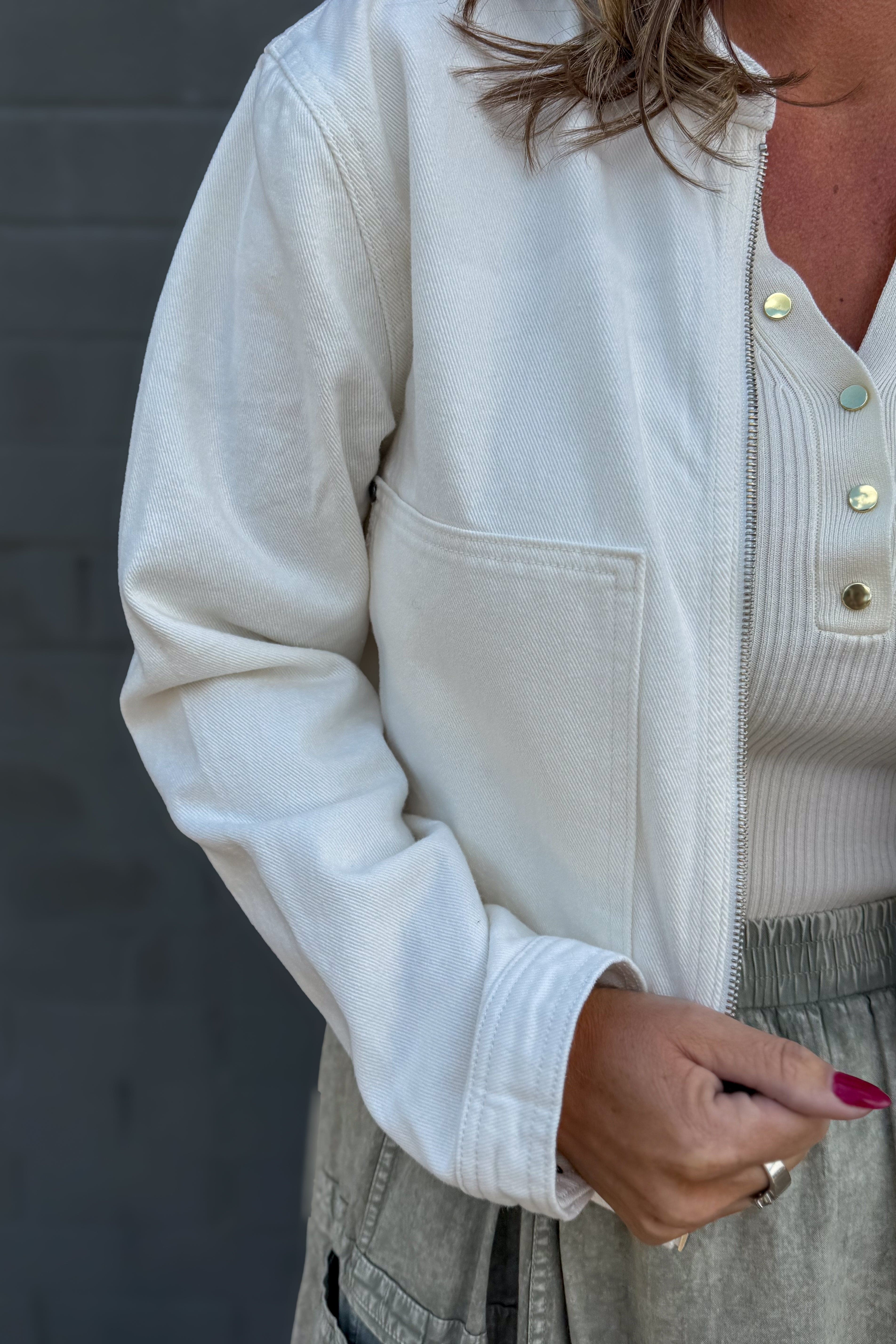 White Zipper Denim Jacket details