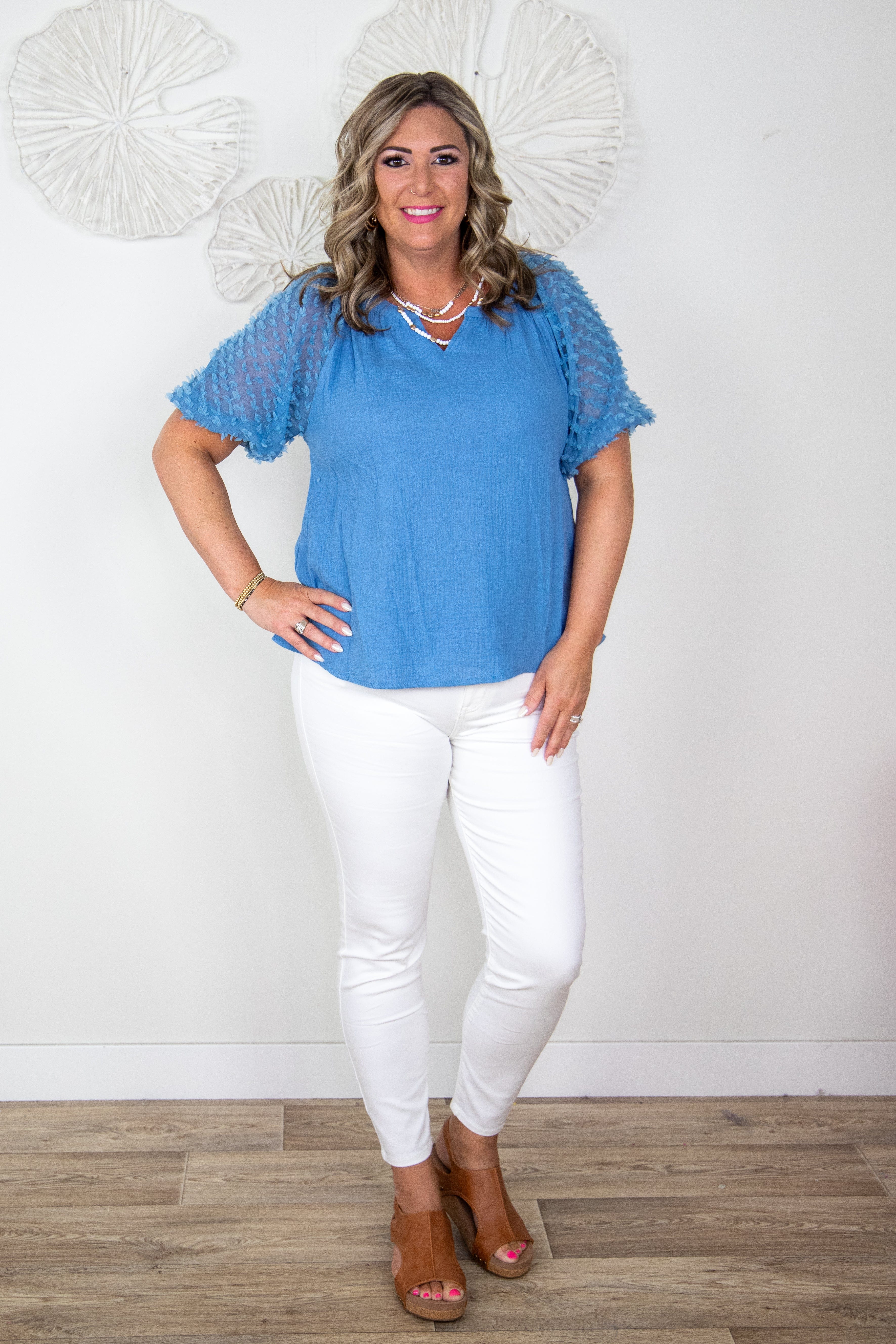 Denim Blue Gauze w/Applique Sleeve Top, styled