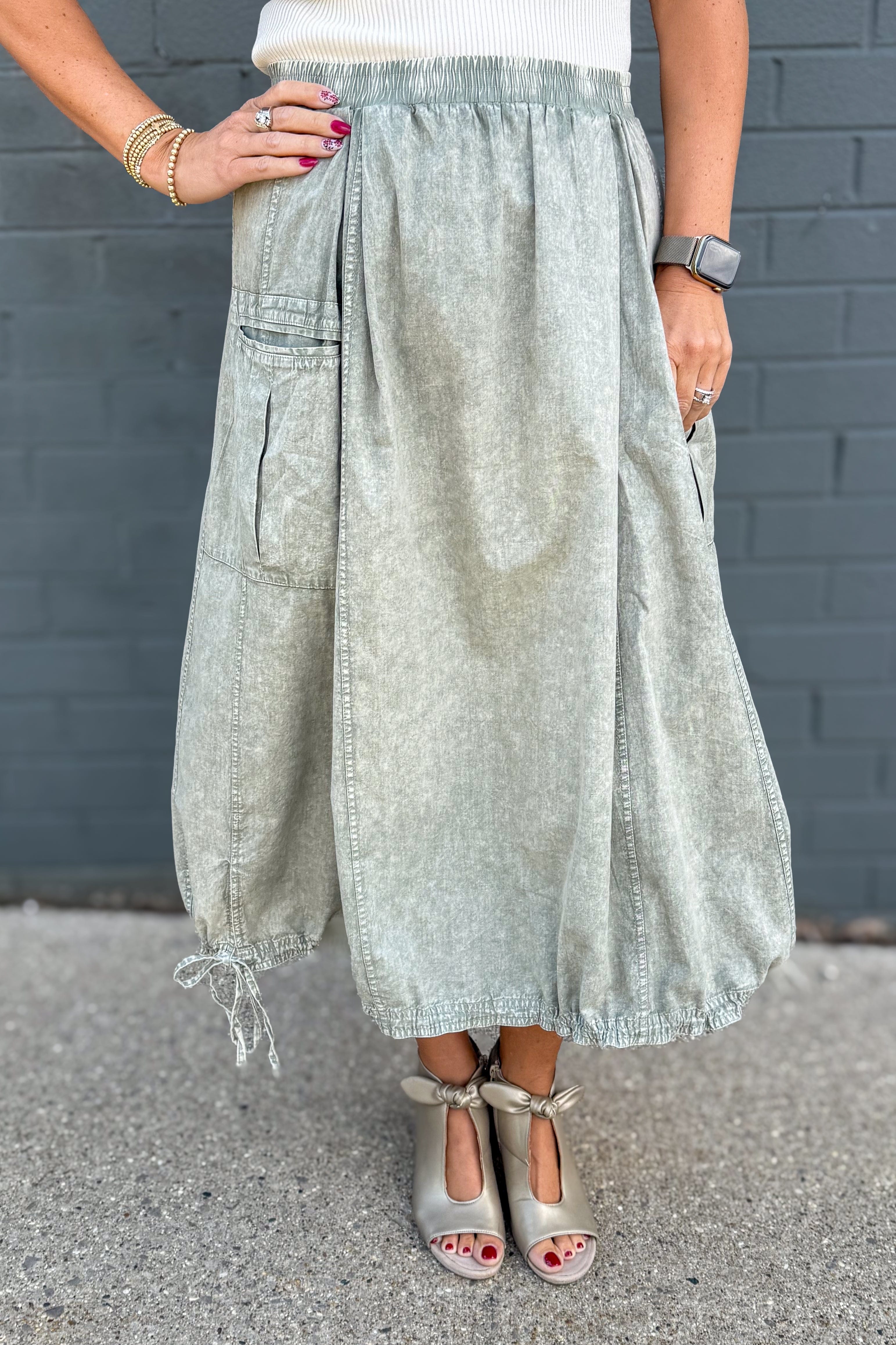 Faded Olive Mineral Washed Twill Cargo Skirt