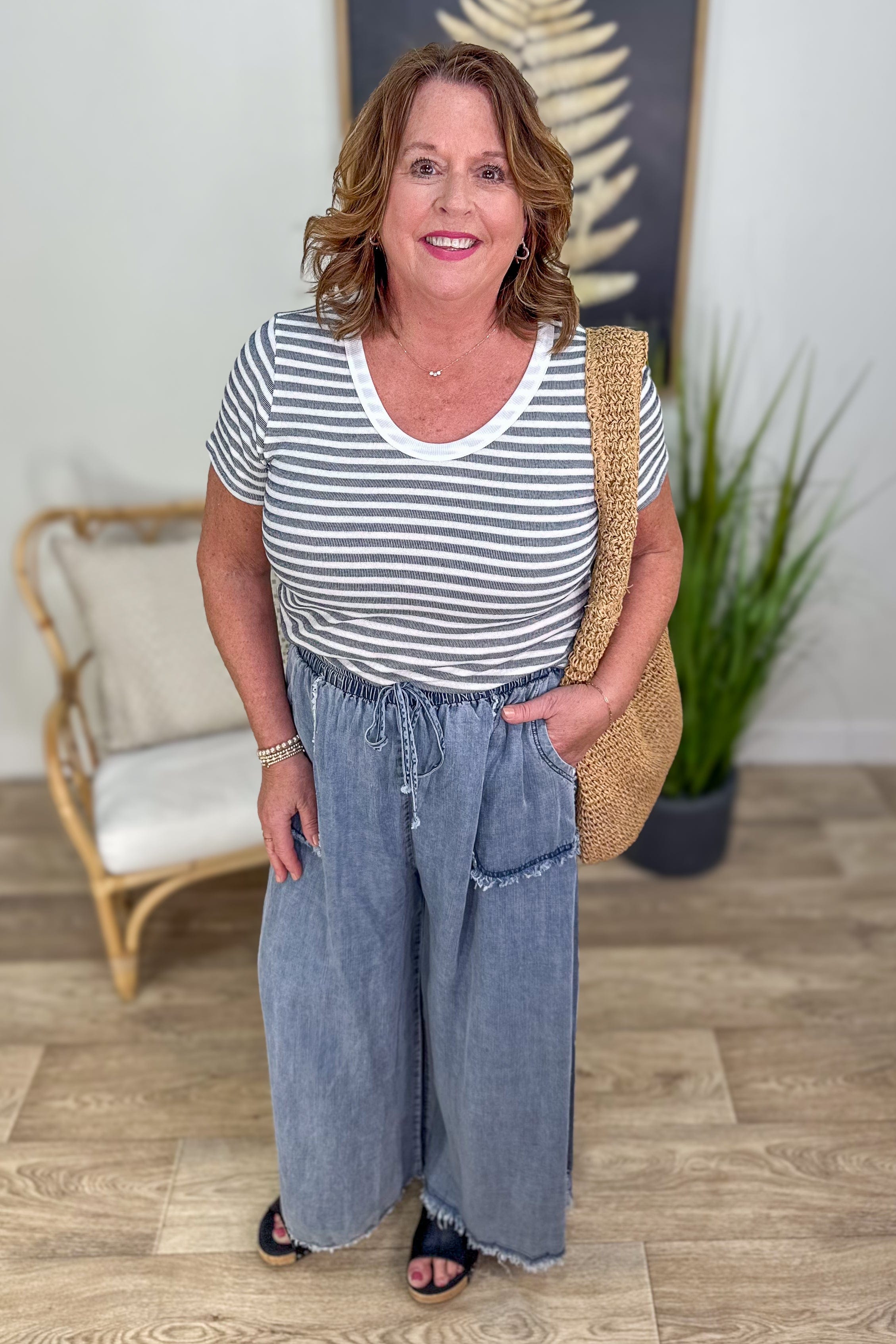 Navy Loop Terry Stripe Top styled
