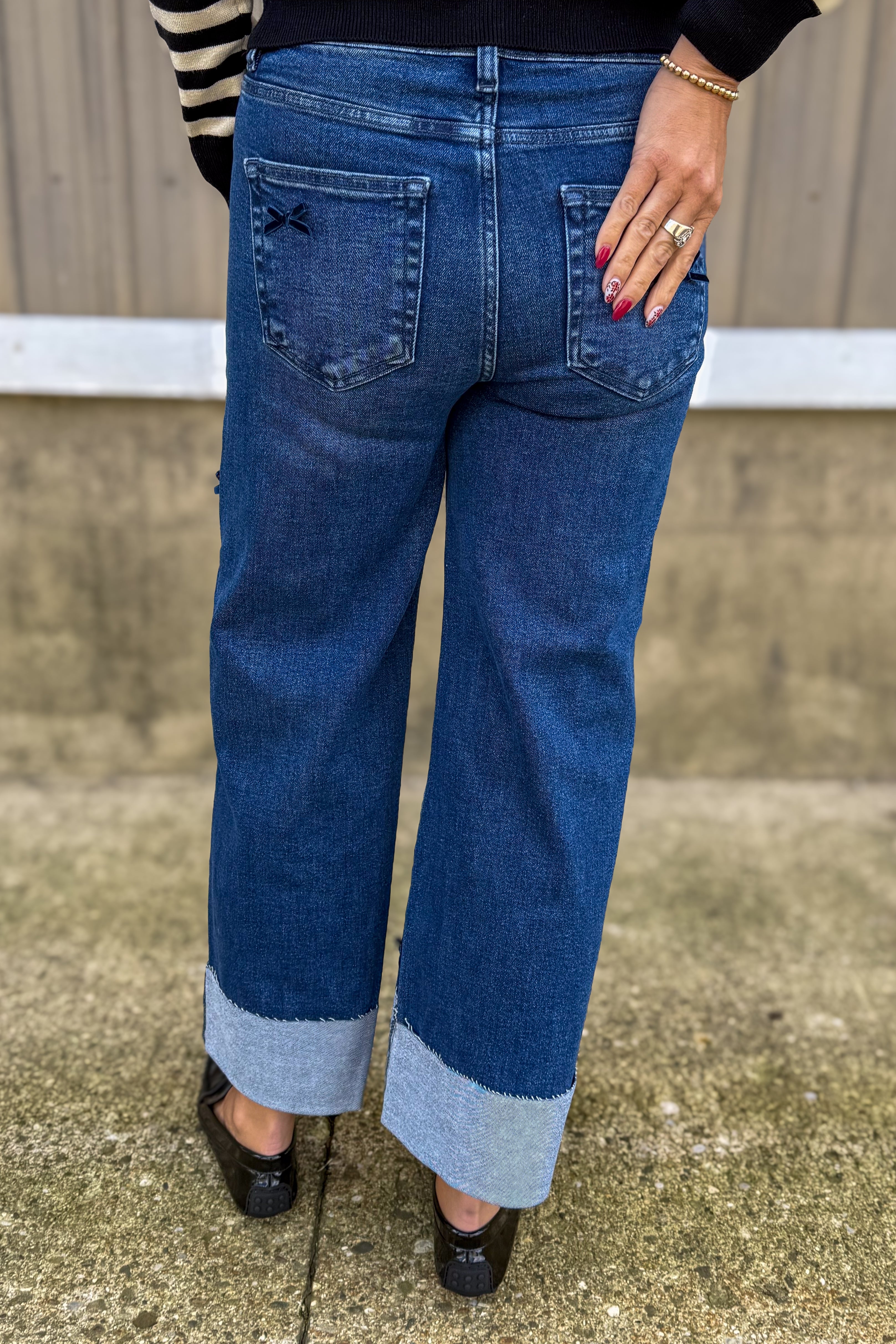 Dark Wash High Rise Crop Wide Ribbon Detail Jean back